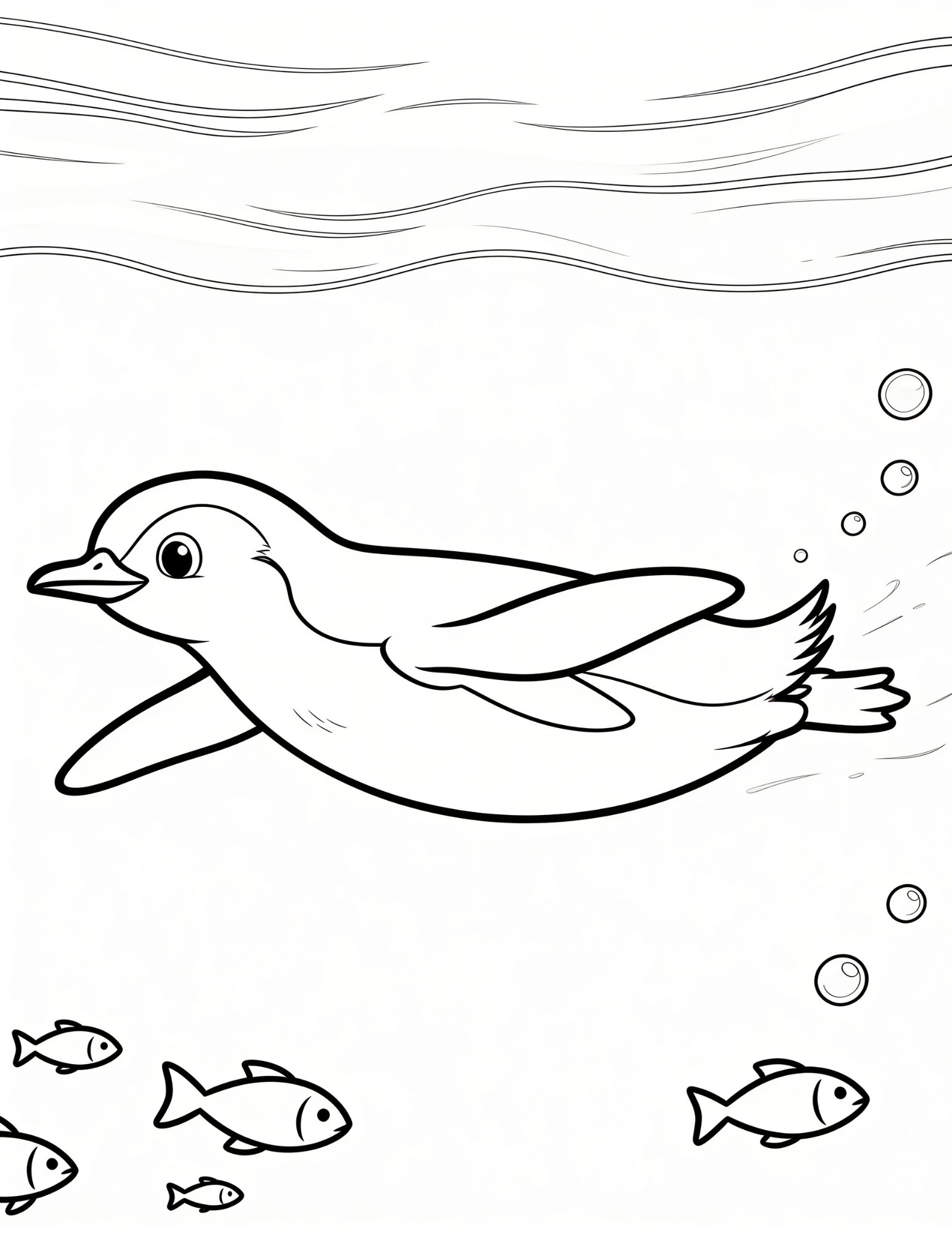 penguin swimming underwater with fish friends coloring page line art