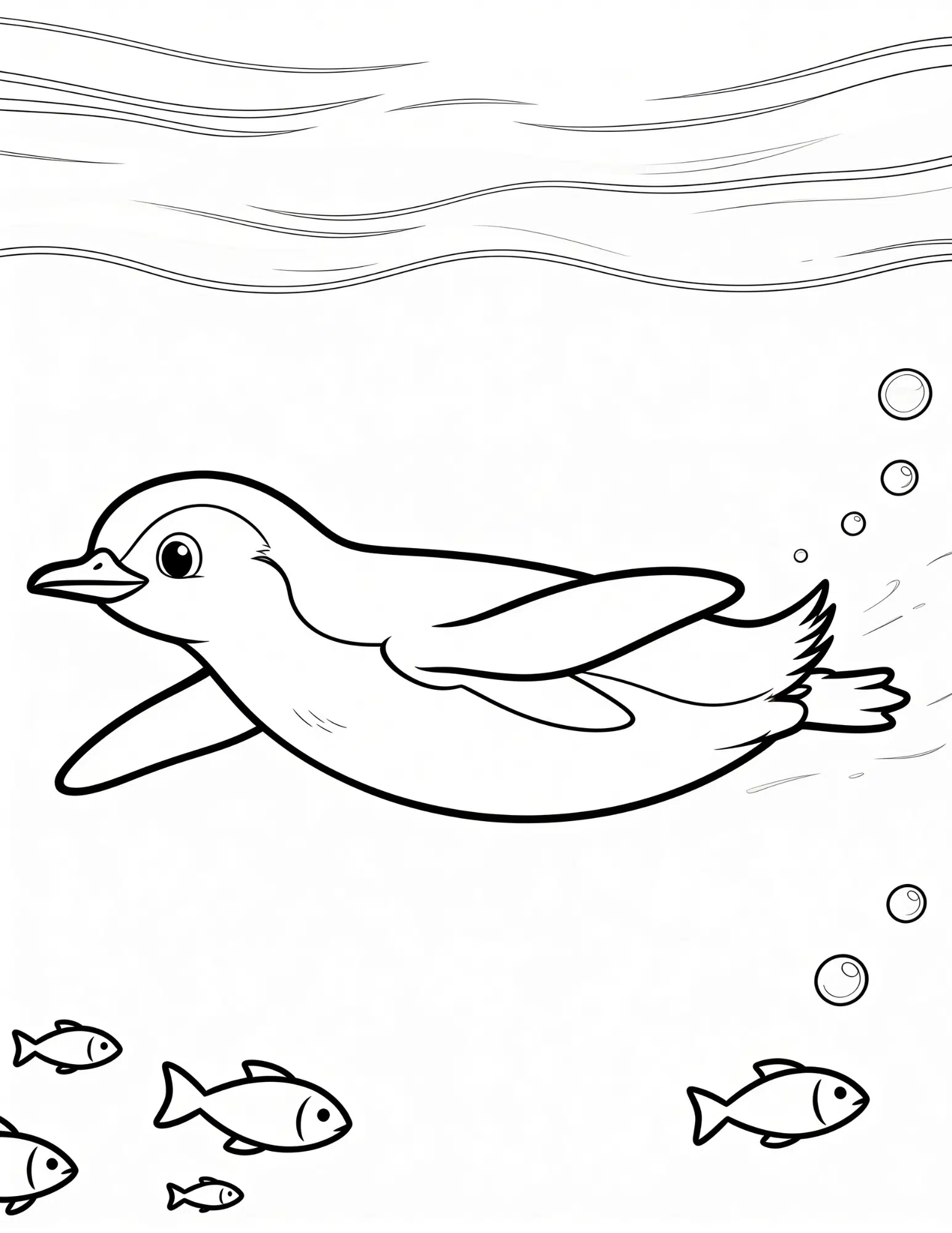 penguin swimming underwater with fish friends coloring page line art