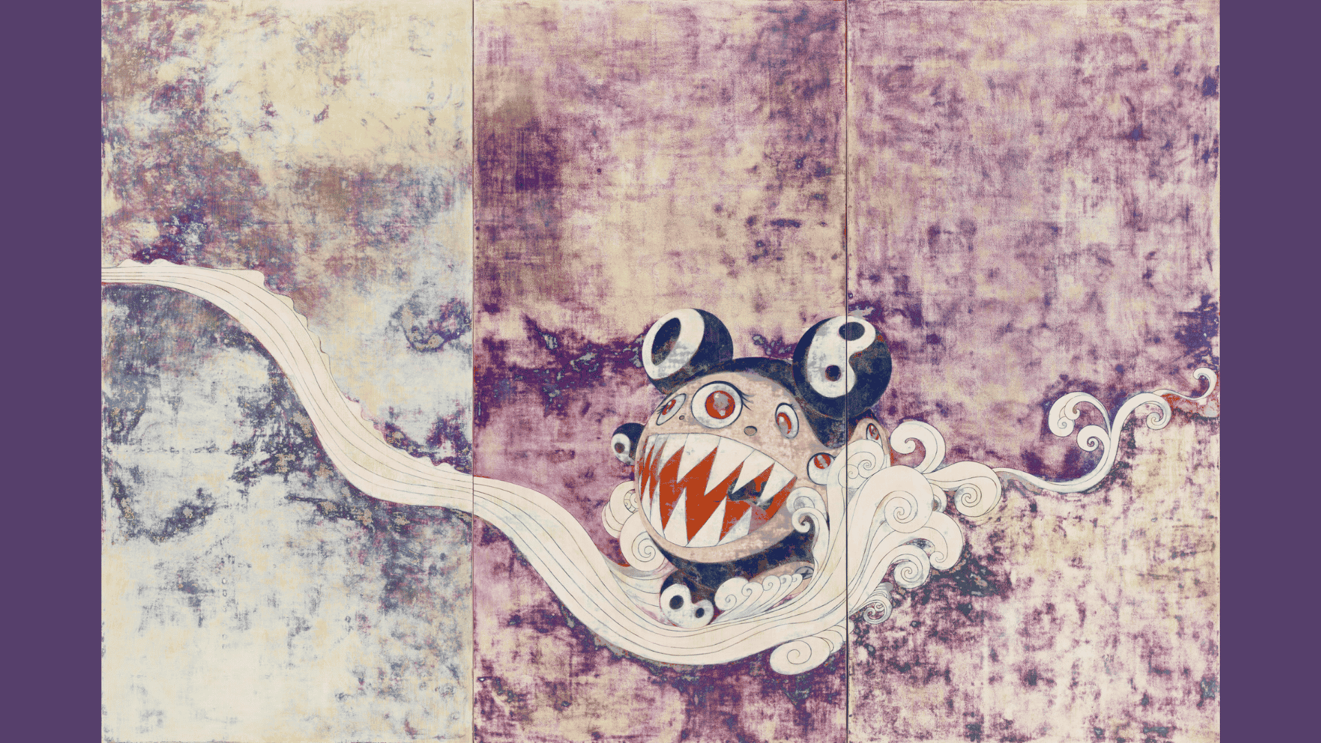takashi murakami's 727 showing mr dob riding a curling wave across three colorful panels with cartoon imagery