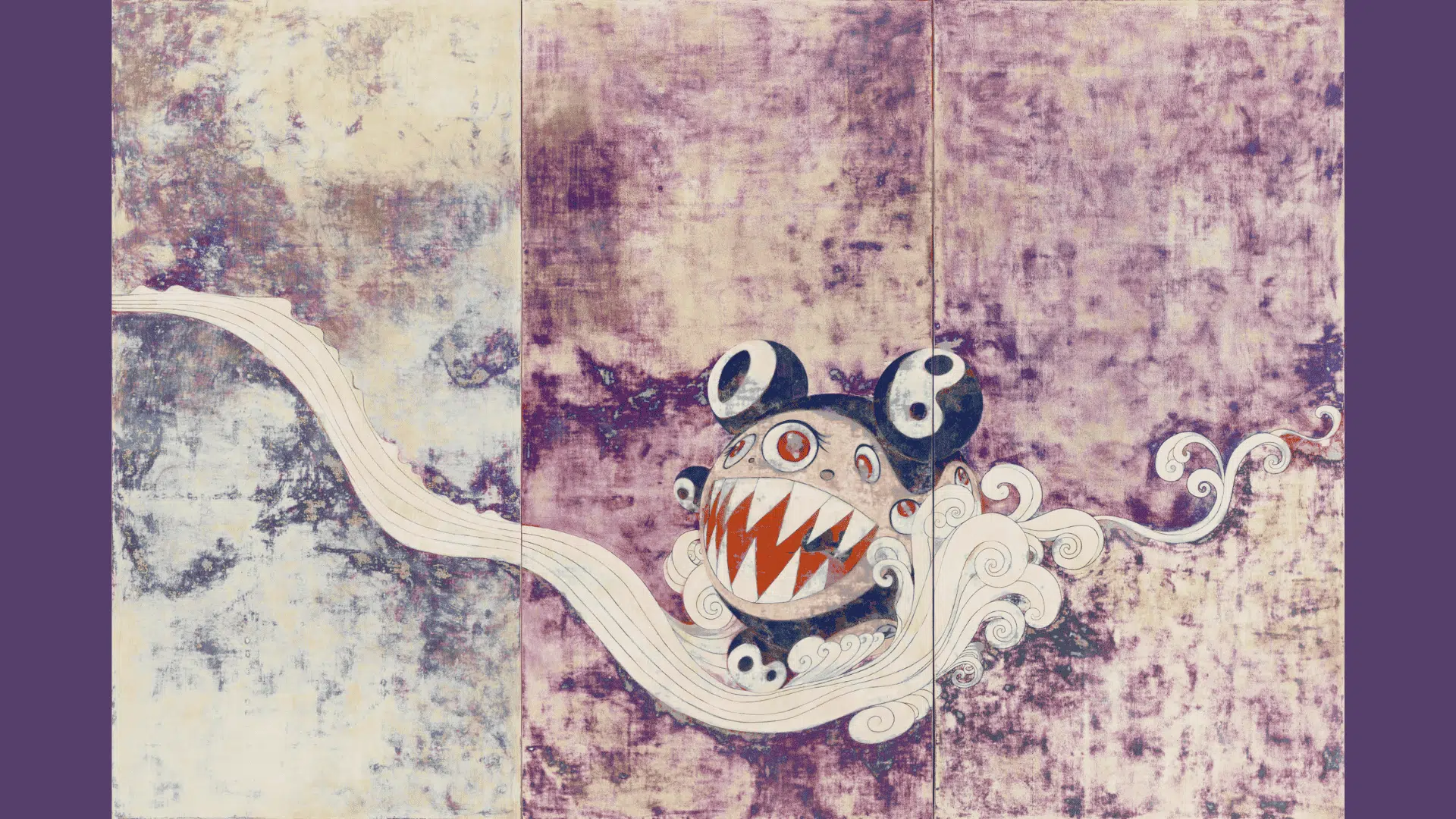 takashi murakami's 727 showing mr dob riding a curling wave across three colorful panels with cartoon imagery