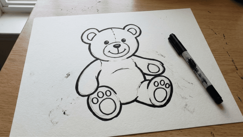 a hand-drawn outline sketch of a teddy bear on white paper placed on a wooden desk, with a black marker lying beside the drawing