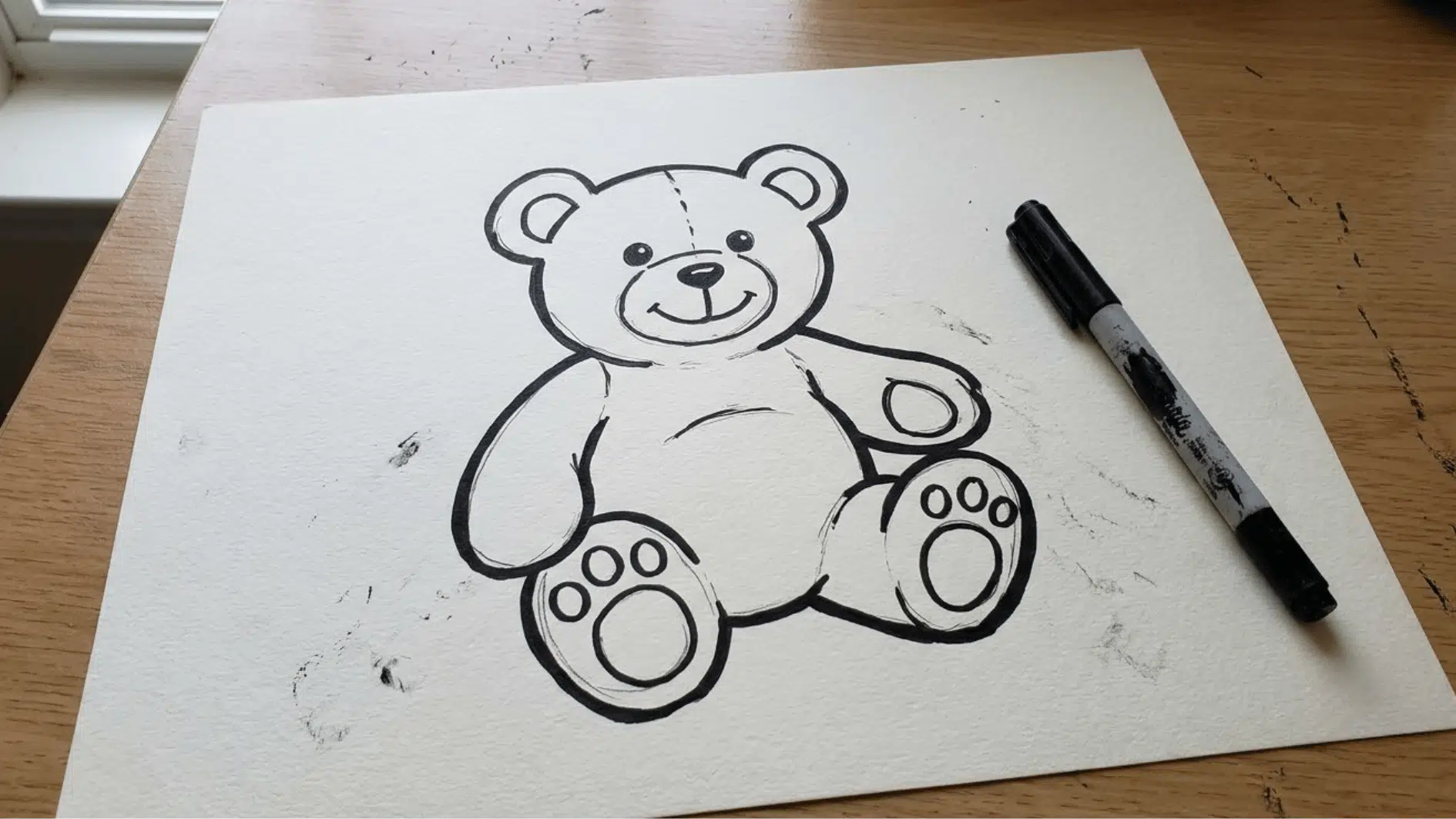 a hand-drawn outline sketch of a teddy bear on white paper placed on a wooden desk, with a black marker lying beside the drawing