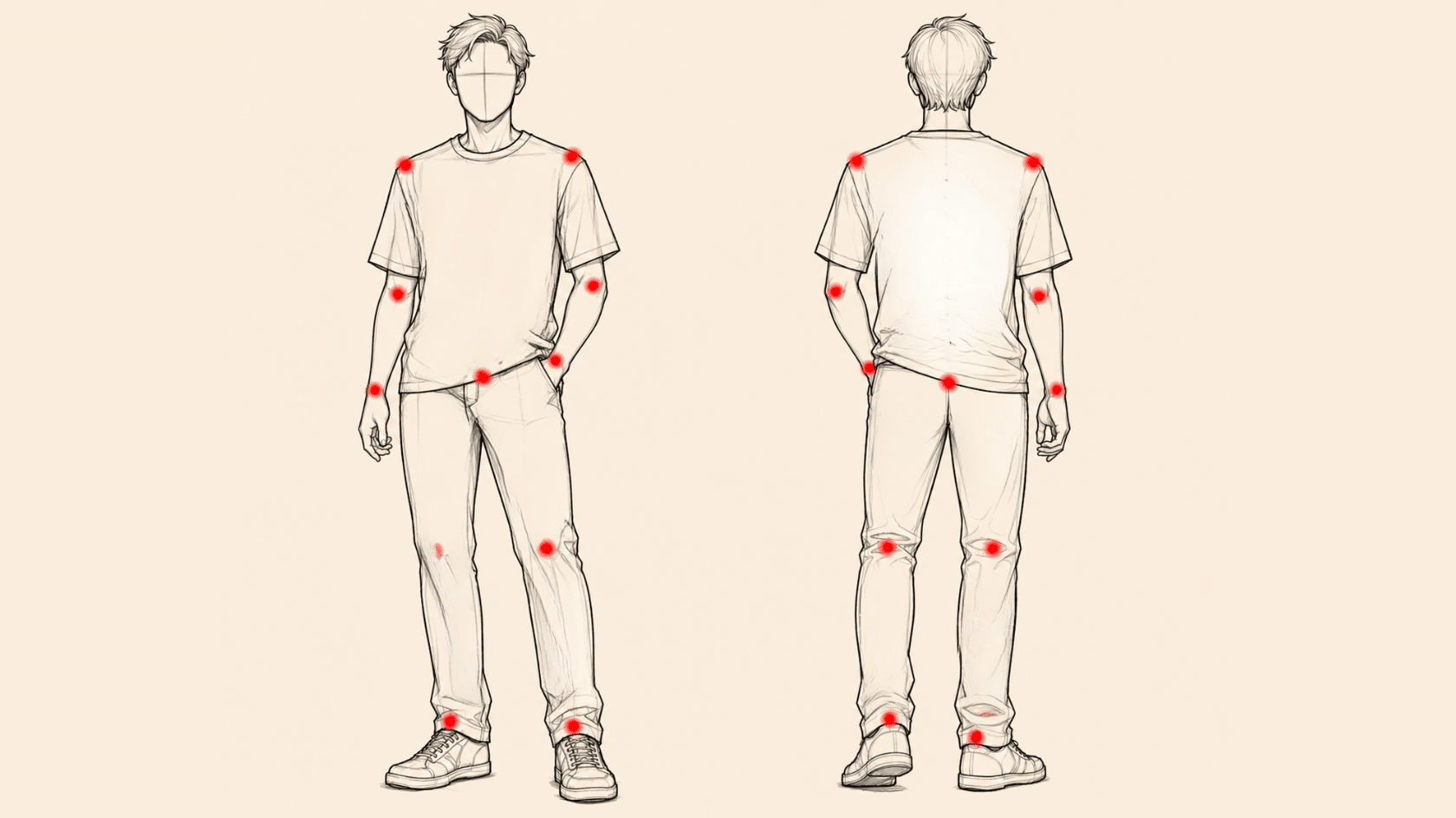 tension points marked on clothing in art and sketching