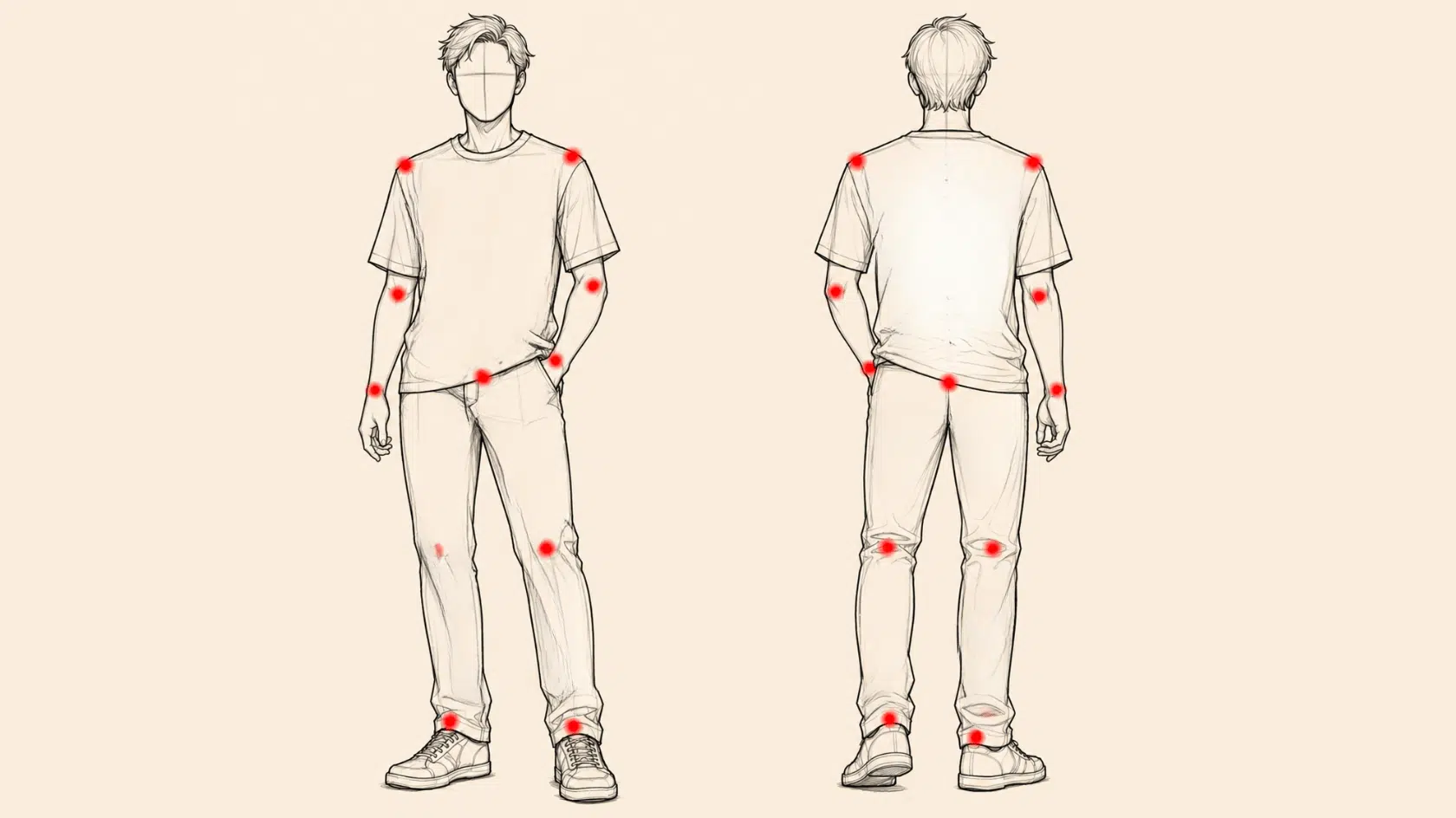 tension points marked on clothing in art and sketching