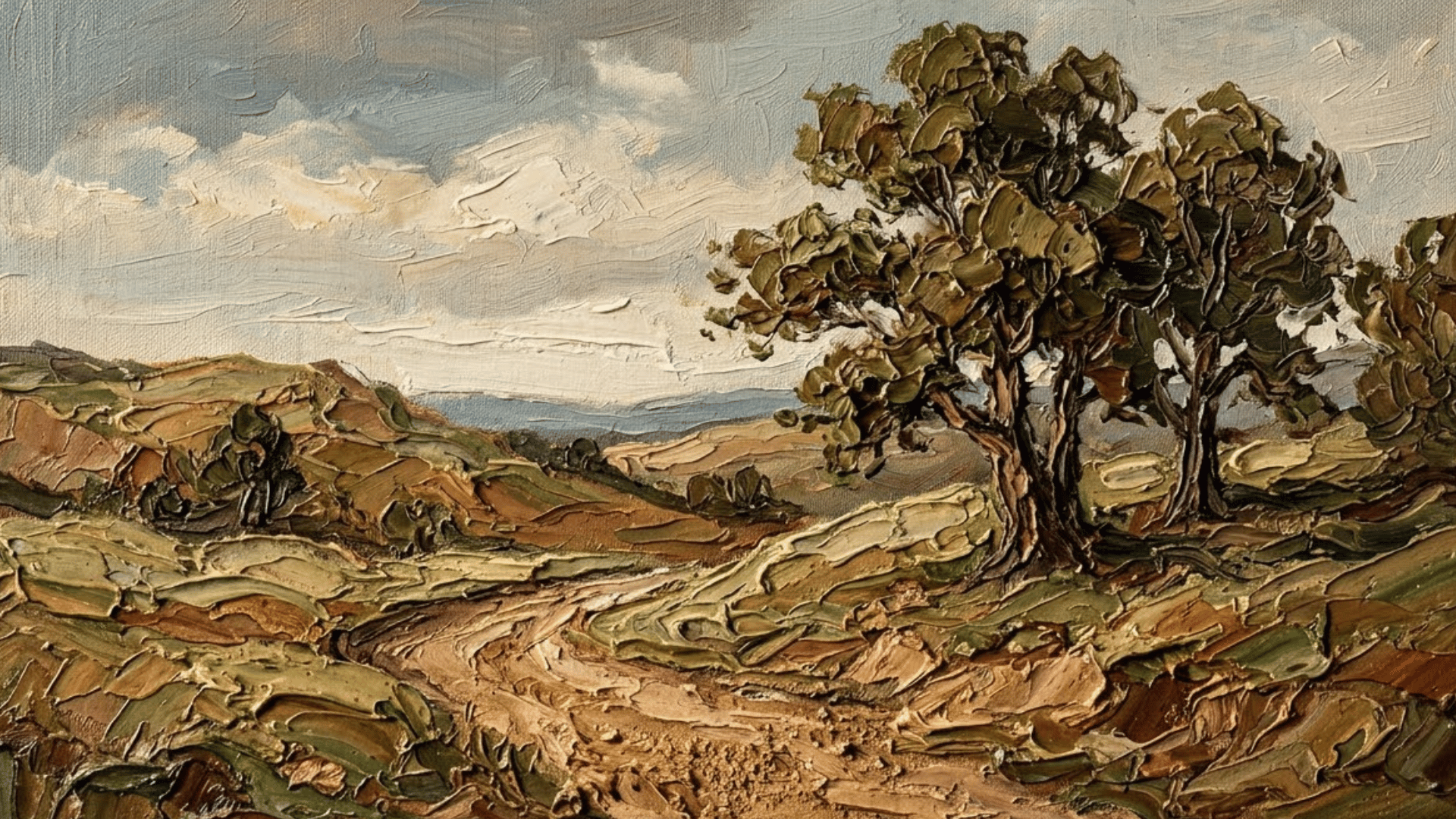 oil painting of a countryside landscape with rolling hills, a dirt path, trees, and a cloudy sky