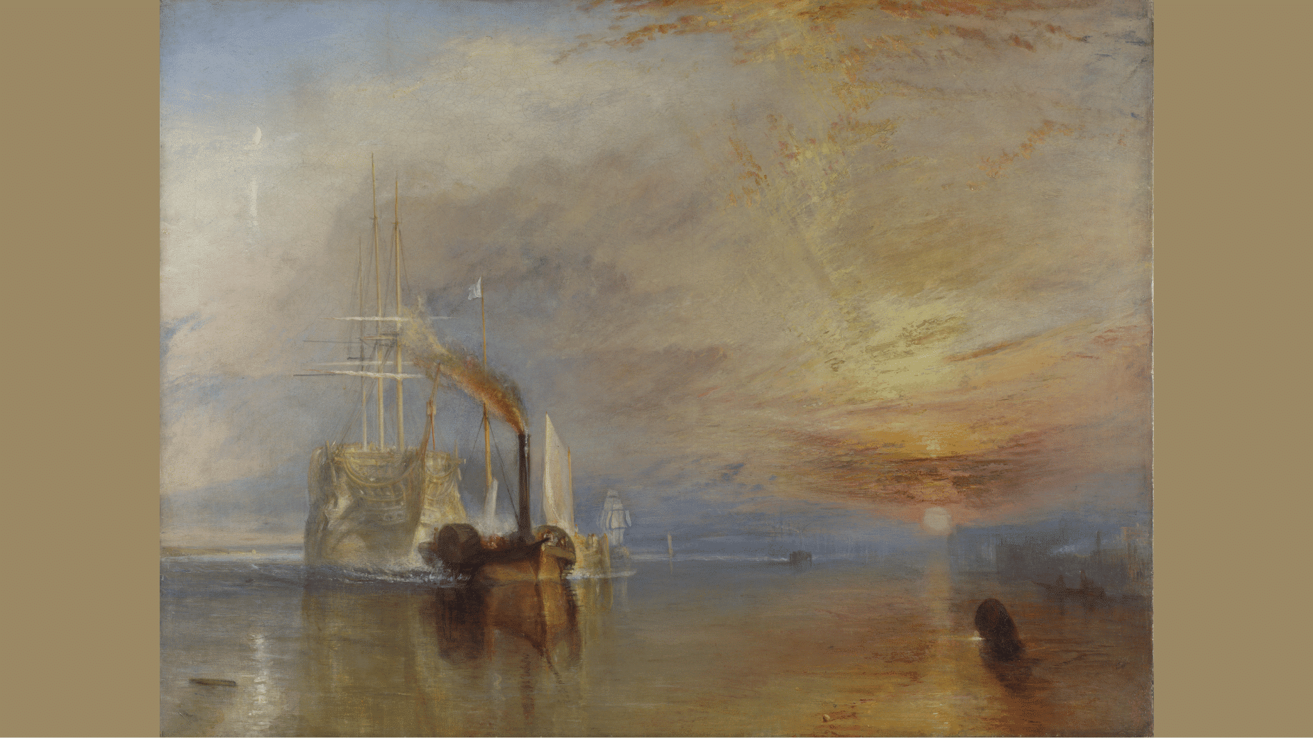 a small dark steam tug pulls a pale ghostly sailing ship across calm water under a glowing sunset sky