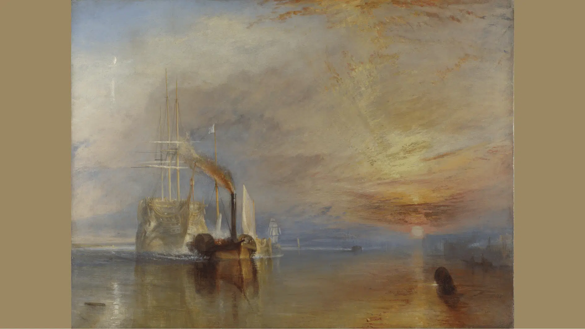 a small dark steam tug pulls a pale ghostly sailing ship across calm water under a glowing sunset sky