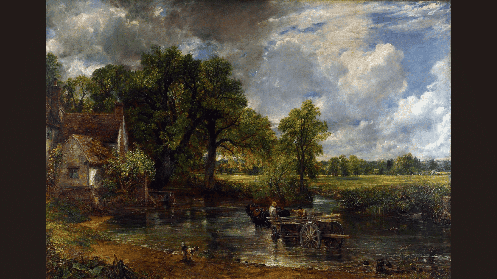 a horse drawn wagon crosses a shallow river near a cottage under a wide cloudy sky in the countryside