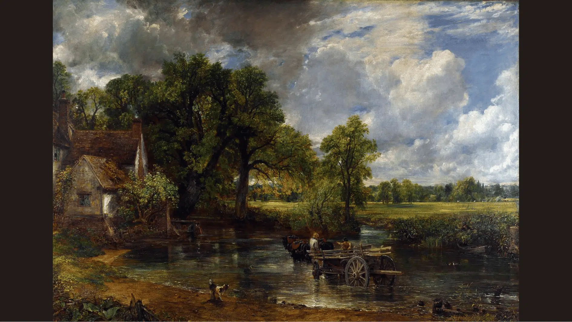 a horse drawn wagon crosses a shallow river near a cottage under a wide cloudy sky in the countryside