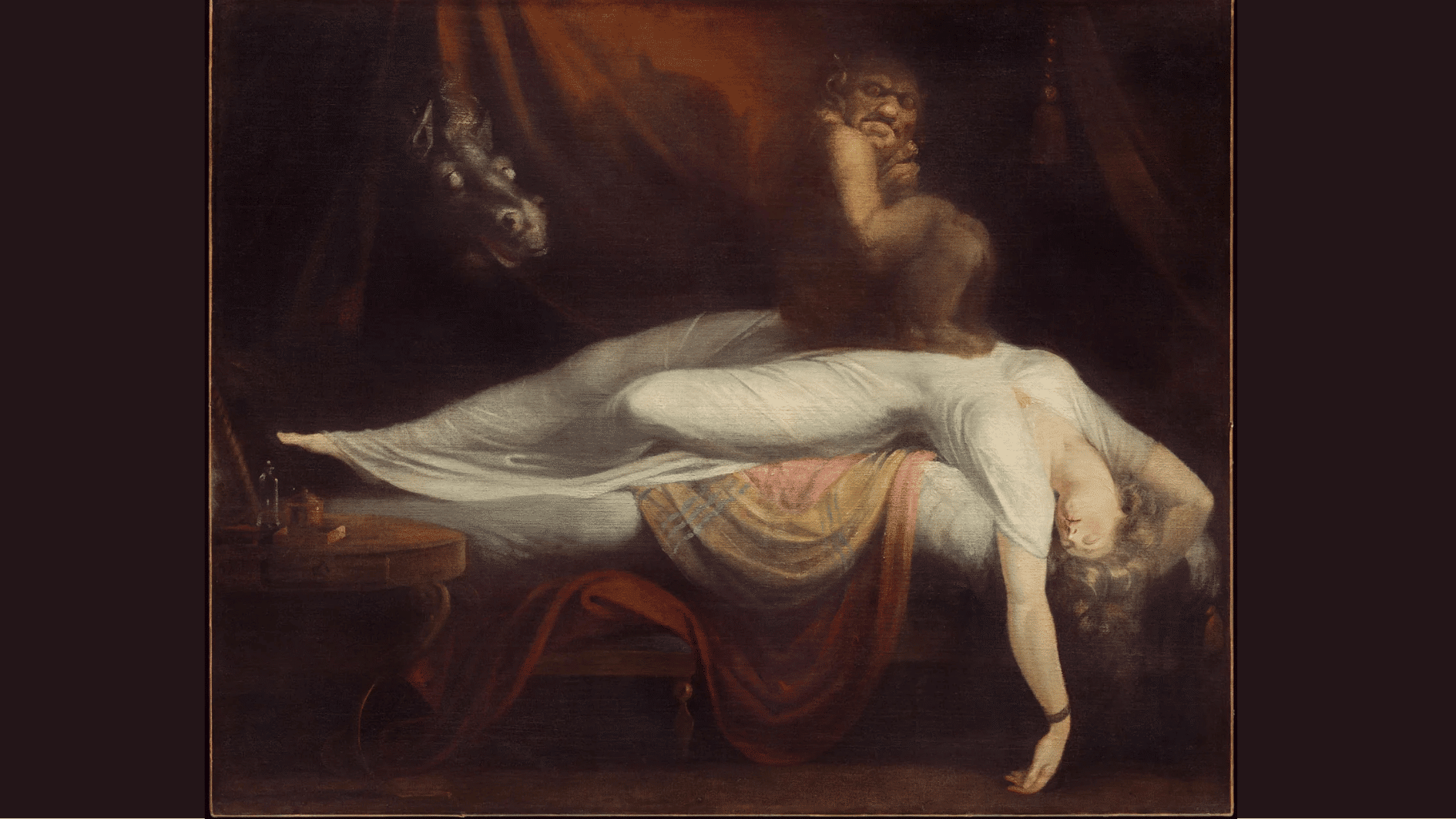 a small demon crouches on a sleeping woman draped over a bed as a wild eyed horse peers through curtains