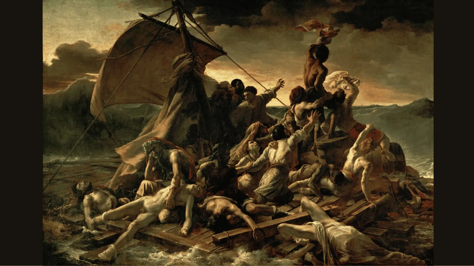 shipwreck survivors on a makeshift raft wave cloth at a distant ship as dead and dying companions lie around them
