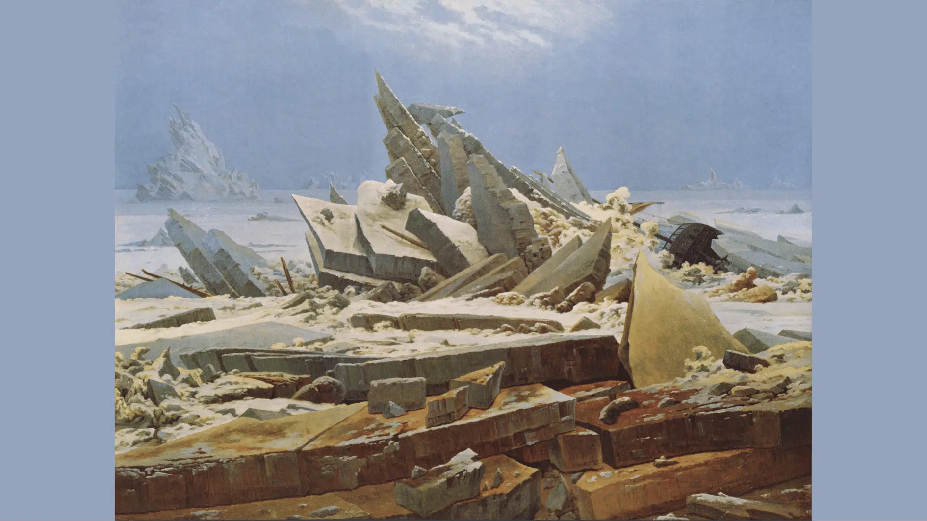 jagged slabs of broken ice pile up in giant shards with a crushed ship barely visible beneath the wreckage