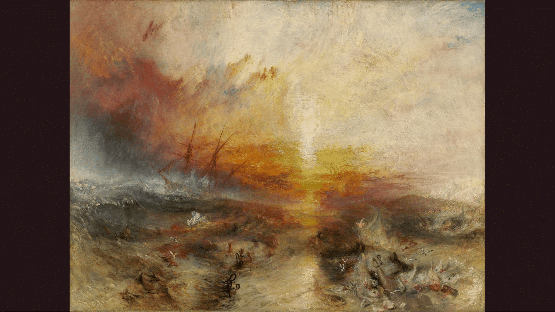 a ship sails through a fiery orange sunset over turbulent seas where chained limbs and shackles float in the water