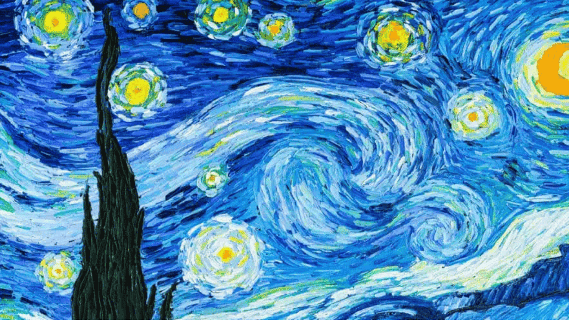 the starry night with bright yellow stars swirling across a deep blue sky