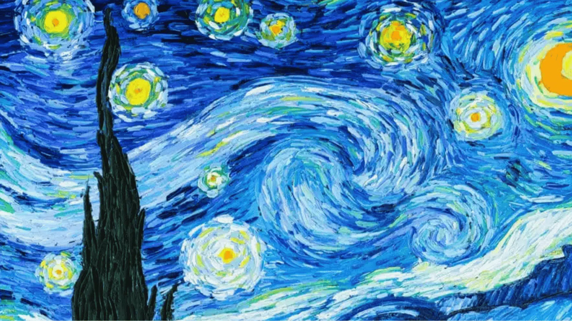 the starry night with bright yellow stars swirling across a deep blue sky