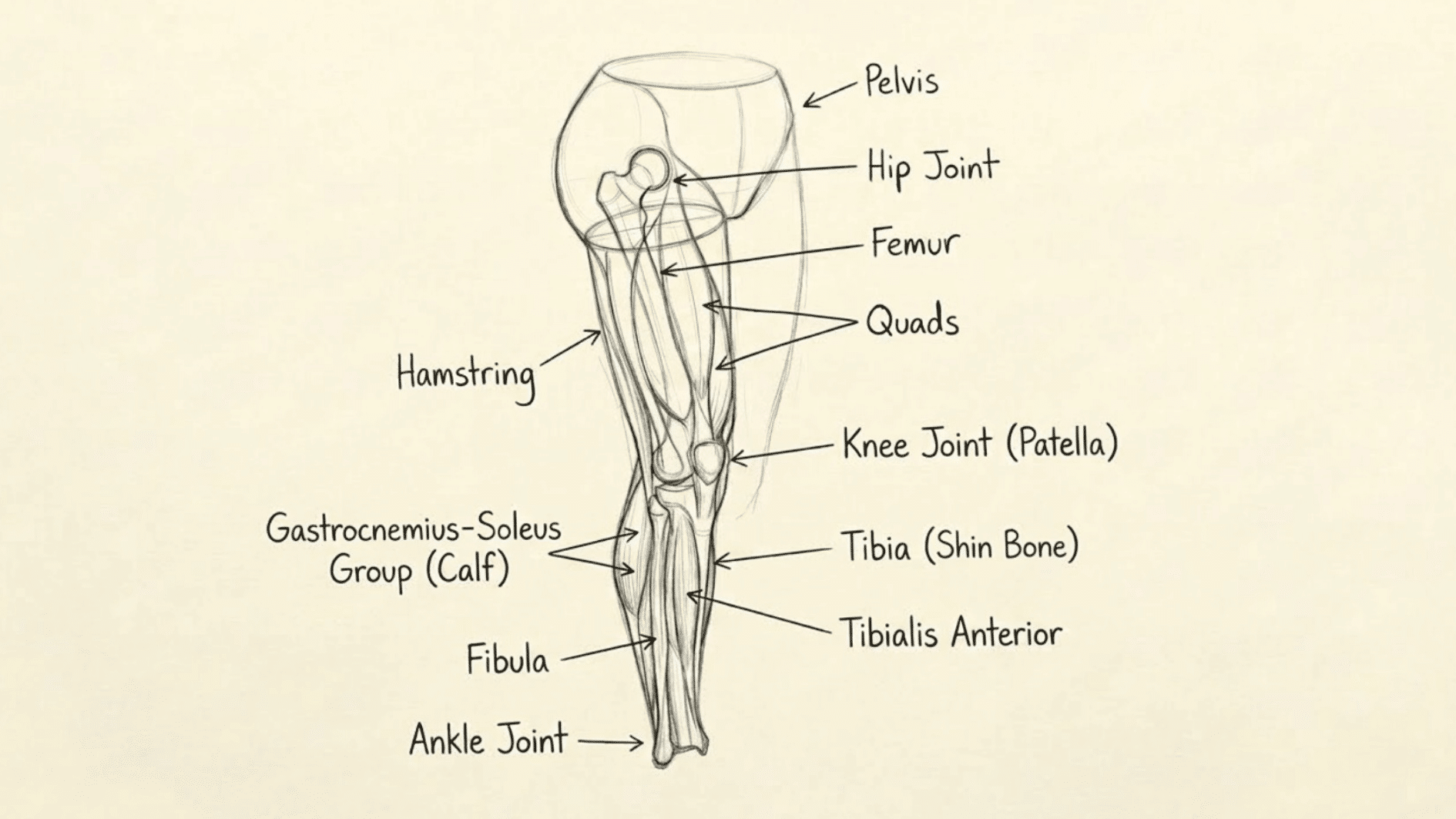 leg anatomy drawing showing the pelvis, hip joint, femur, quadriceps, hamstring, knee joint, tibia, fibula, calf muscles, tibialis anterior, and ankle joint