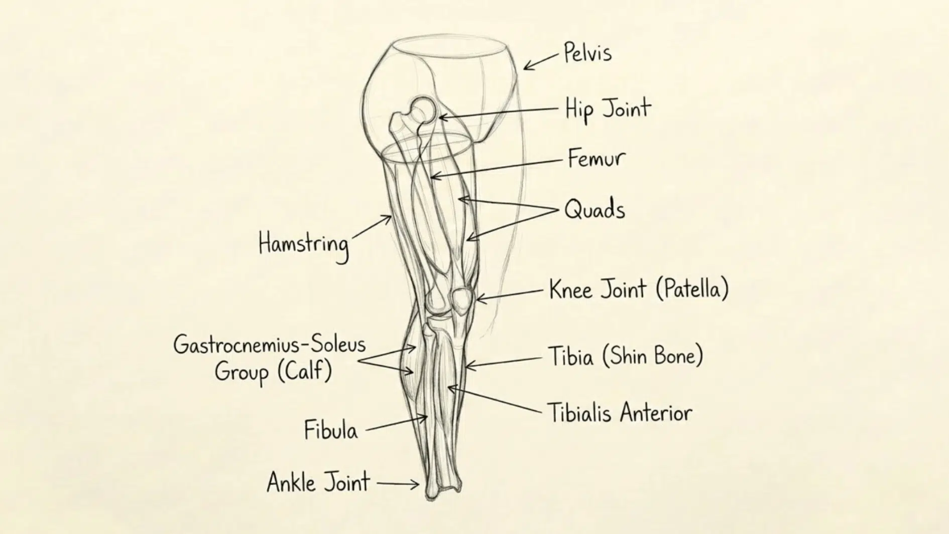 leg anatomy drawing showing the pelvis, hip joint, femur, quadriceps, hamstring, knee joint, tibia, fibula, calf muscles, tibialis anterior, and ankle joint
