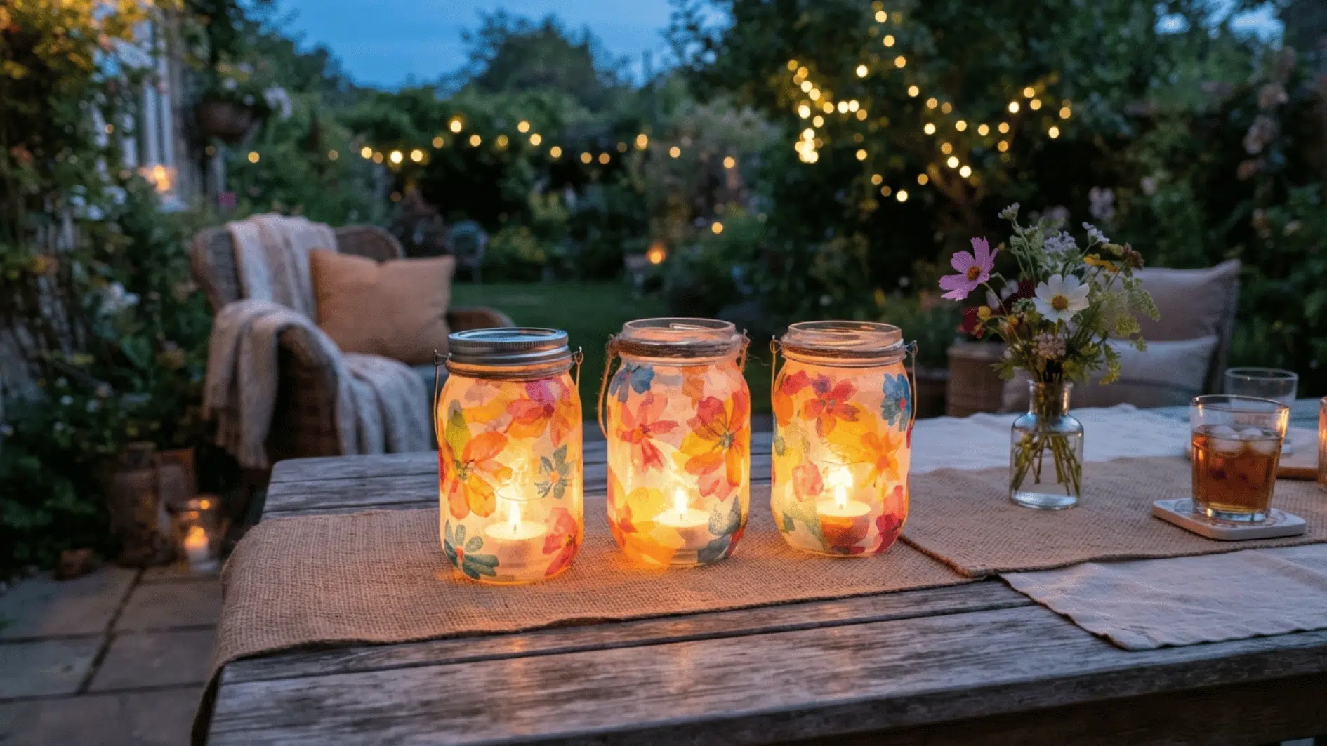 three floral mason jar lanterns glowing on an outdoor garden table at dusk