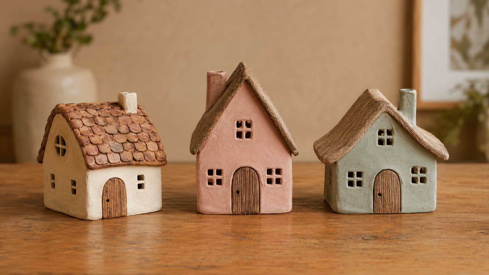 miniature clay village with varied roofs doors and windows