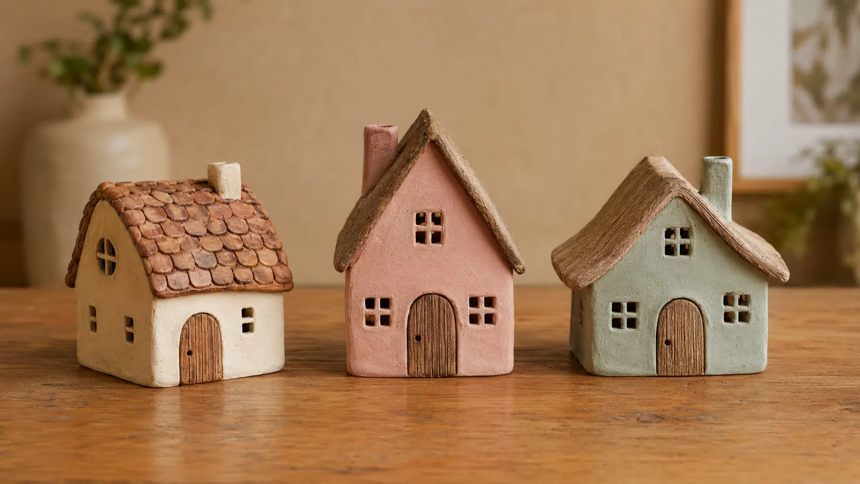 miniature clay village with varied roofs doors and windows