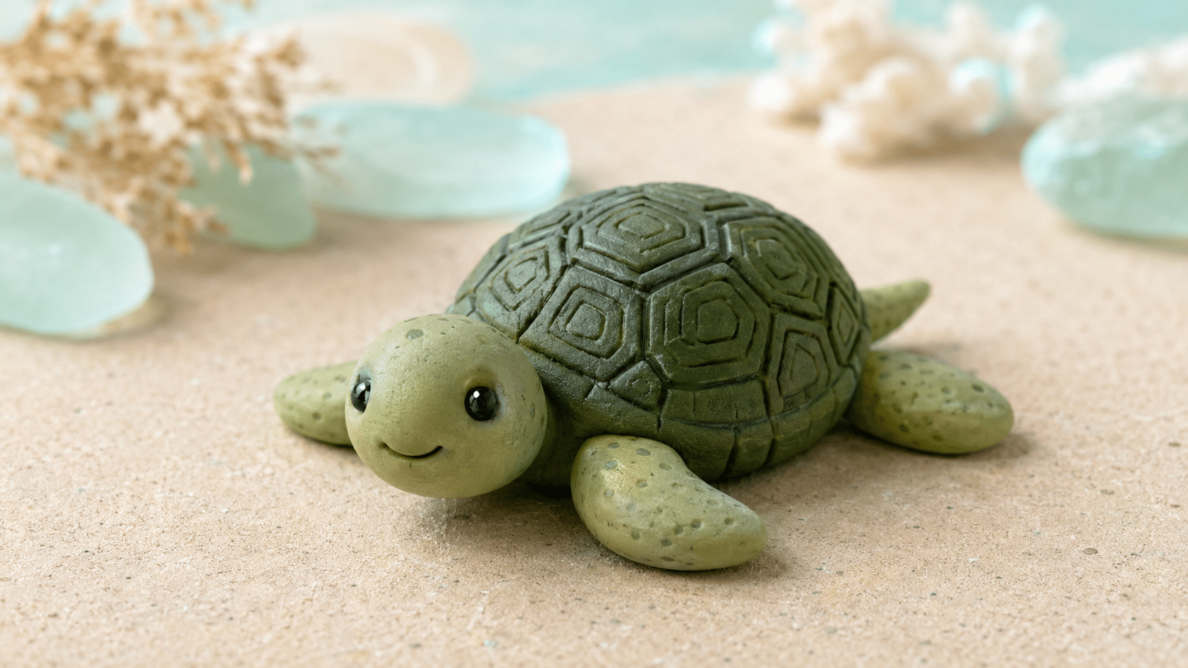 tiny green clay turtle with a detailed patterned shell