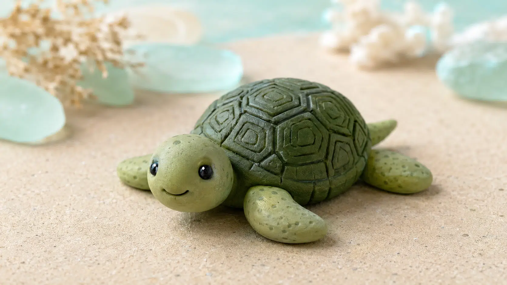 tiny green clay turtle with a detailed patterned shell
