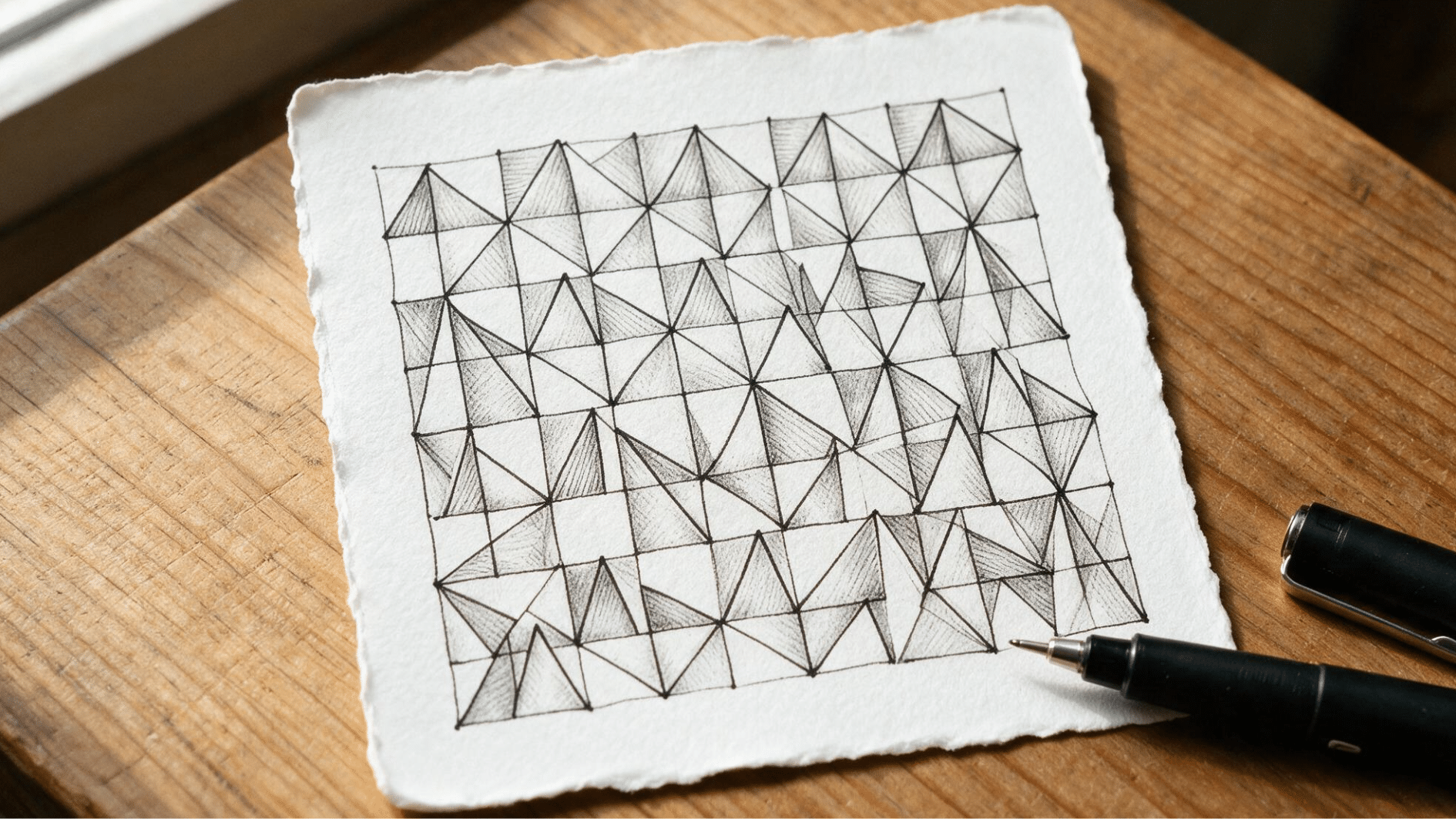 tipple zentangle pattern with rows of narrow triangles and alternating shaded shapes on white textured paper