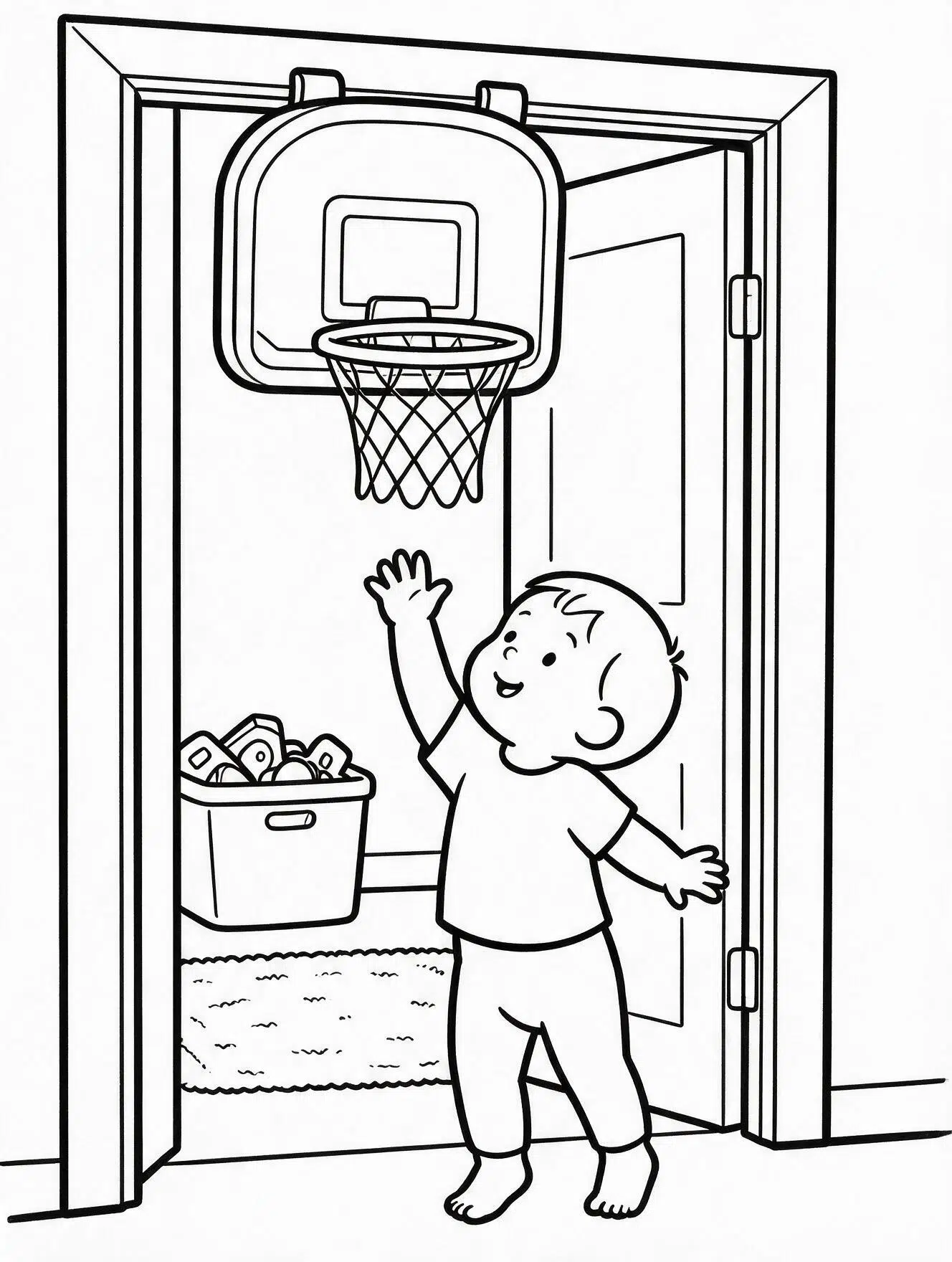 Toddler <echighlighted>basketball coloring page</echighlighted> with a mini hoop on a door for ages 3 to 5