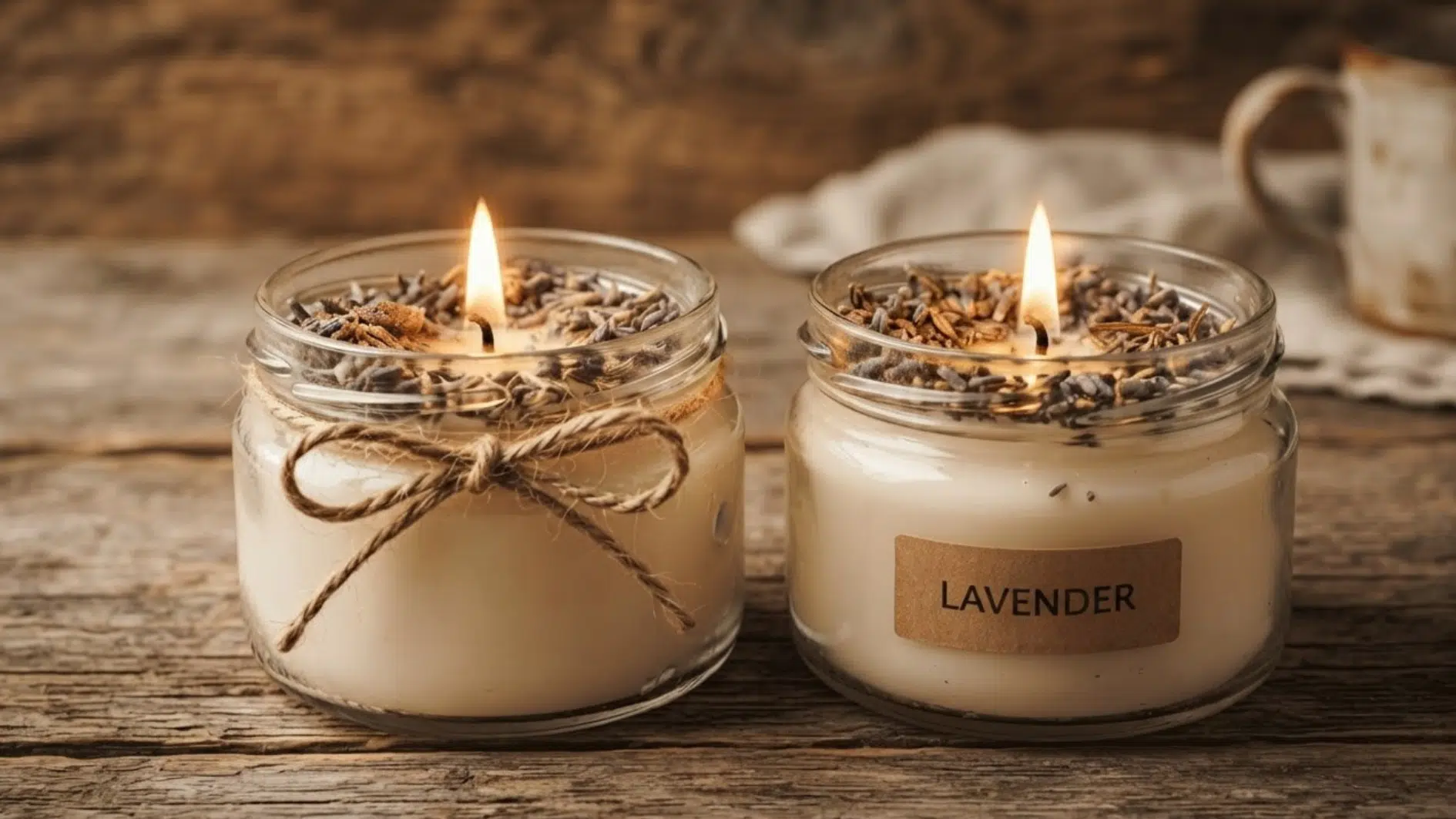 two handmade lavender candles burning in glass jars on a rustic wooden table
