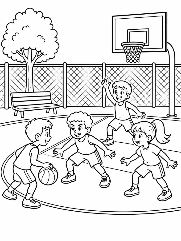 Two on two <echighlighted>basketball coloring page</echighlighted> with four kids on a half court