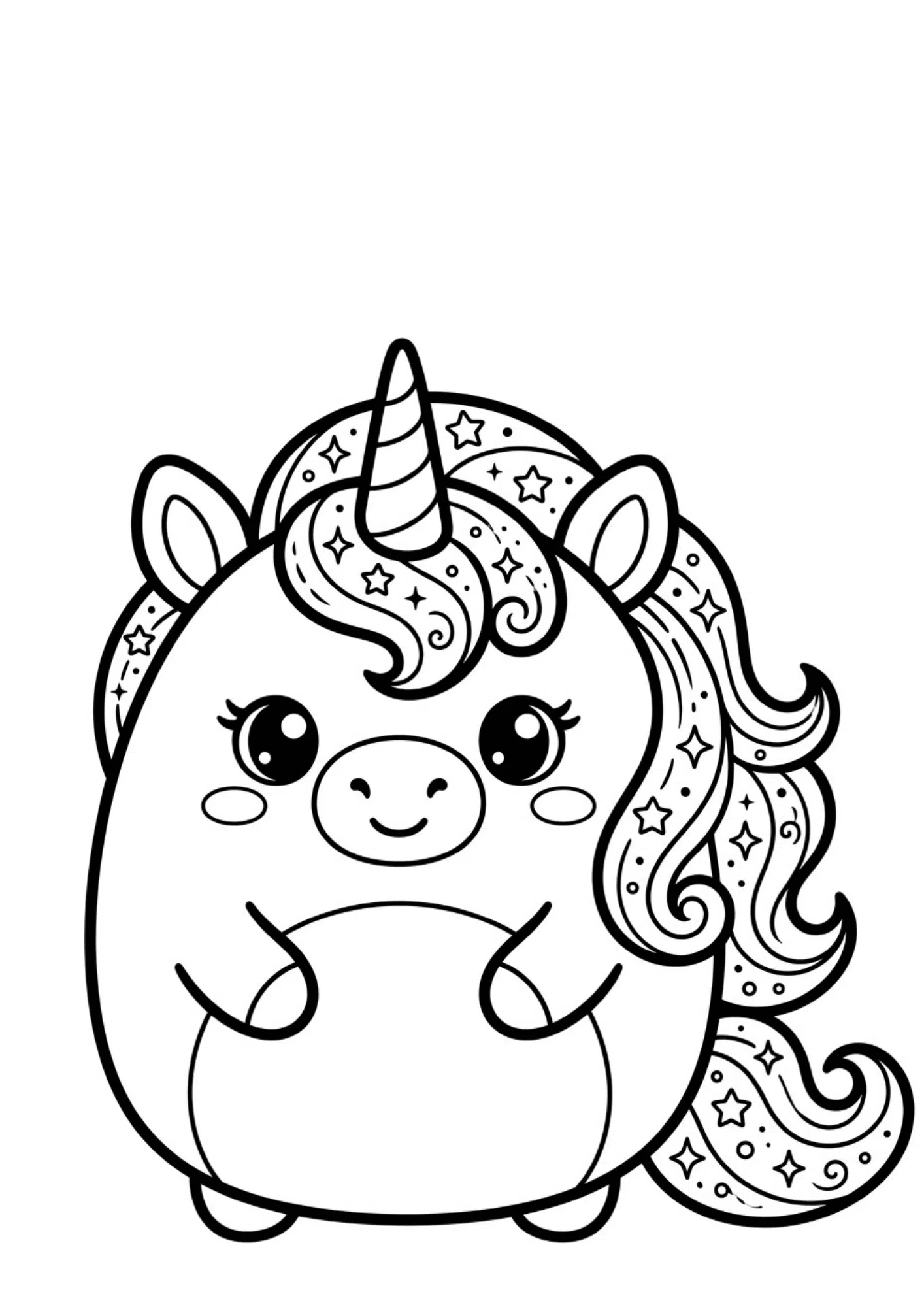 unicorn squishmallow coloring page with magical details, simple line art, and printable black and white design for children