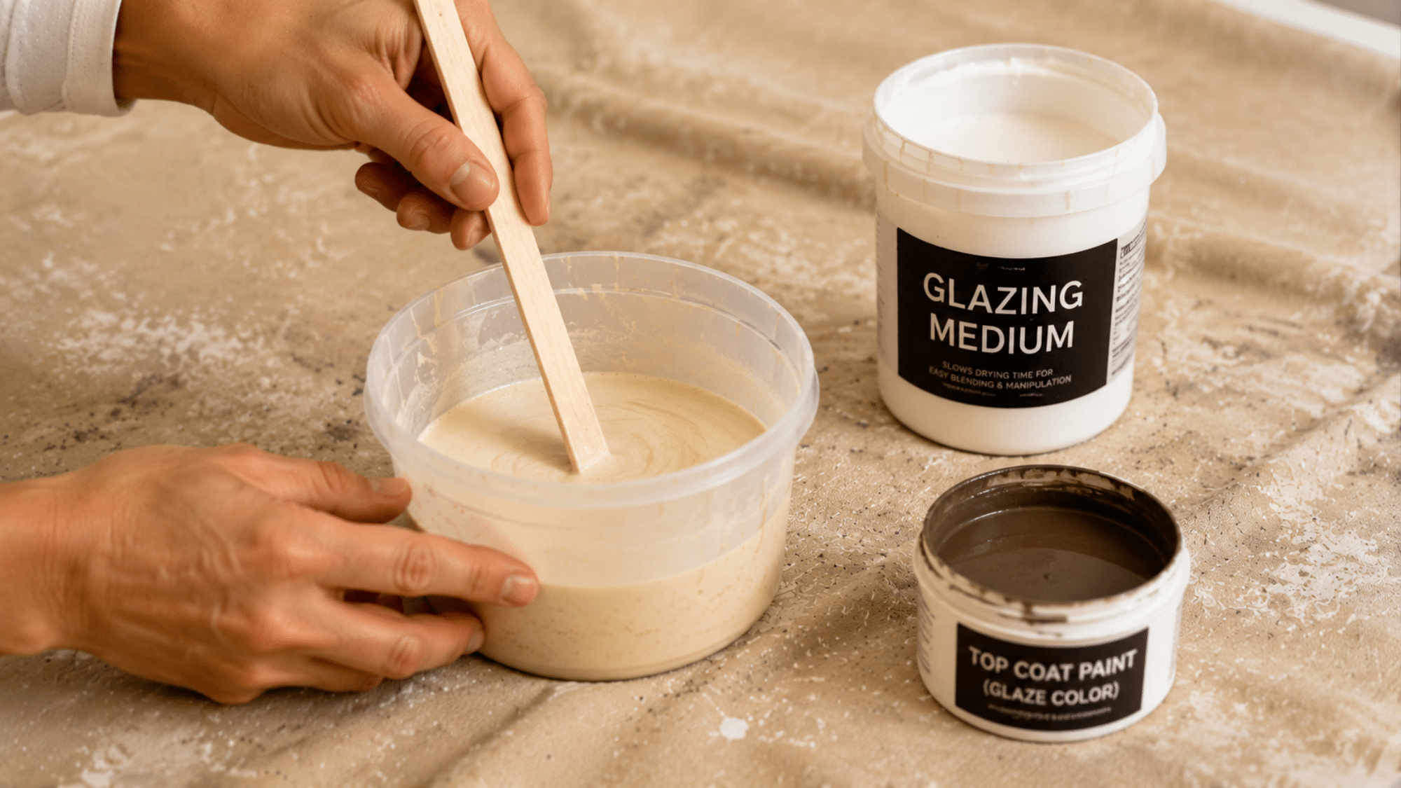 A hand stirring warm golden glaze and glazing medium together in a clear mixing container on a wooden table in preparation for faux painting.