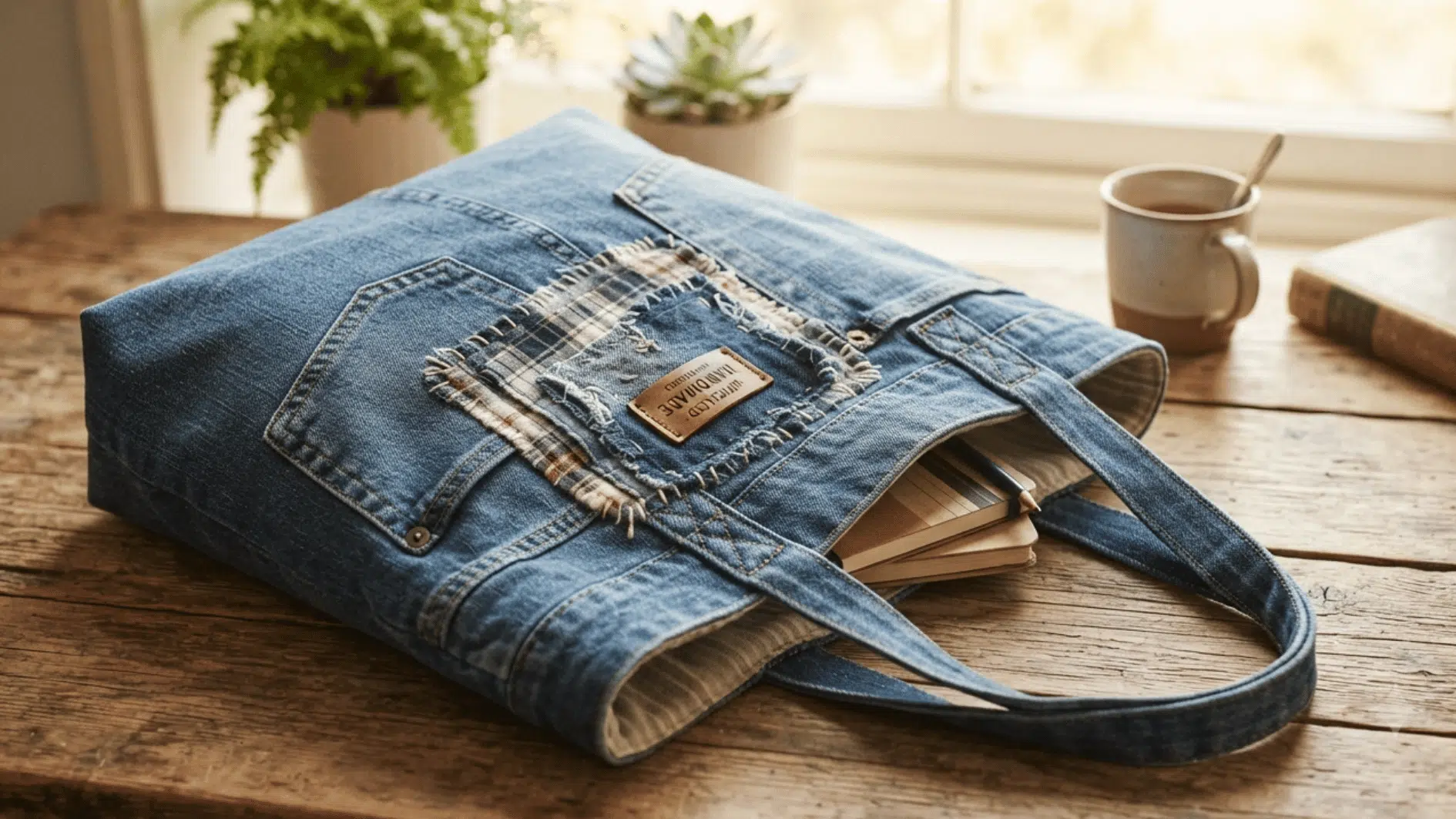 upcycled denim tote bag with patchwork pocket resting on a wooden table near a mug and plants