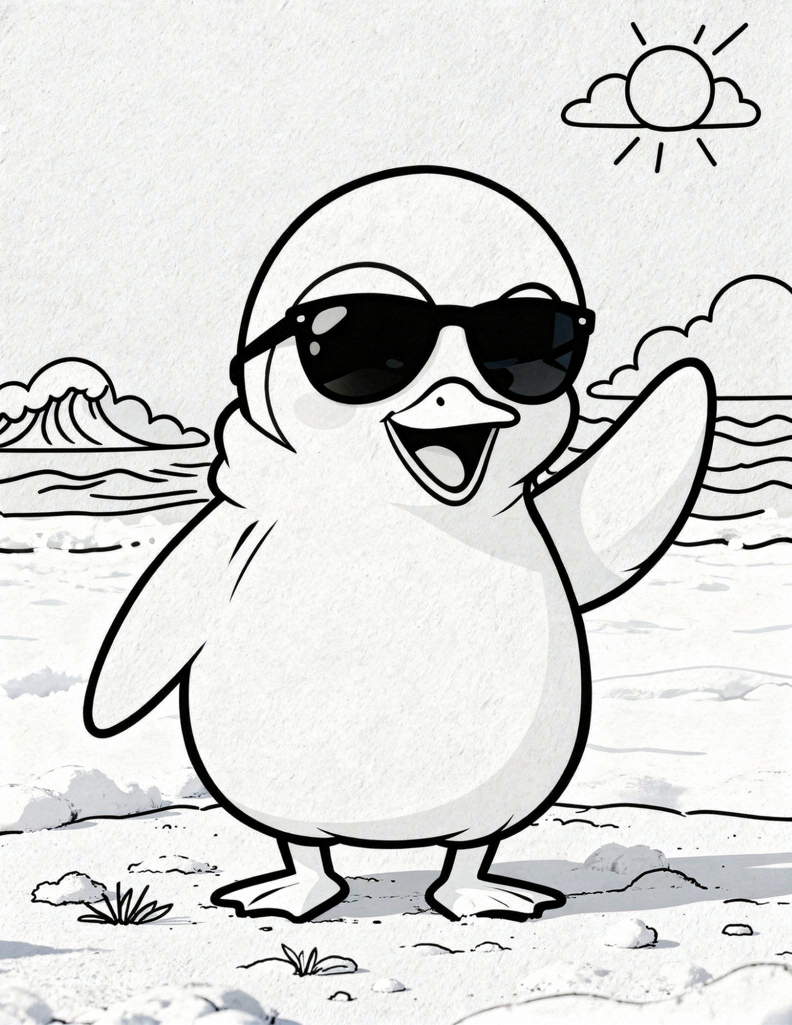 penguin on beach vacation relaxed summer winter mix coloring page outline
