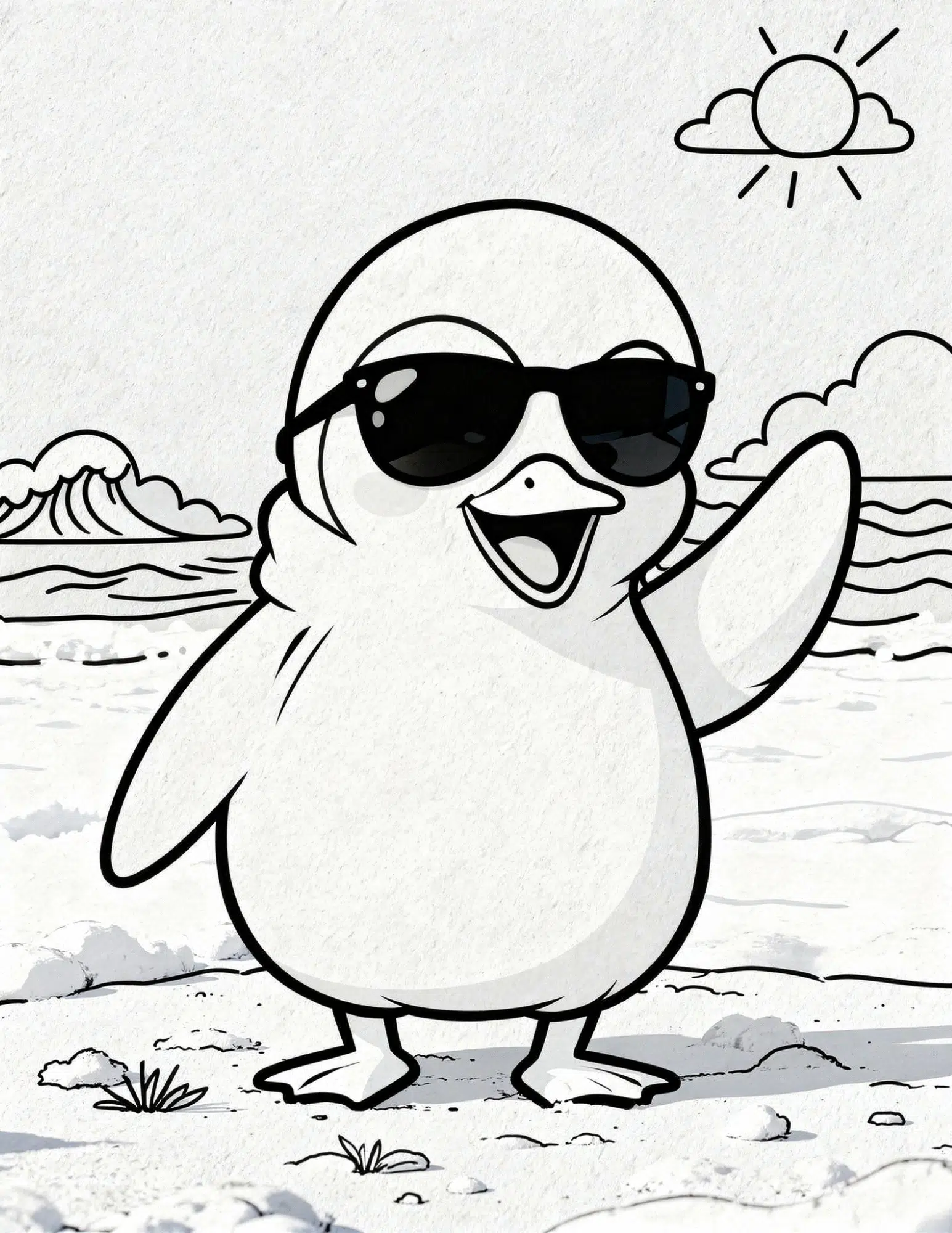 penguin on beach vacation relaxed summer winter mix coloring page outline