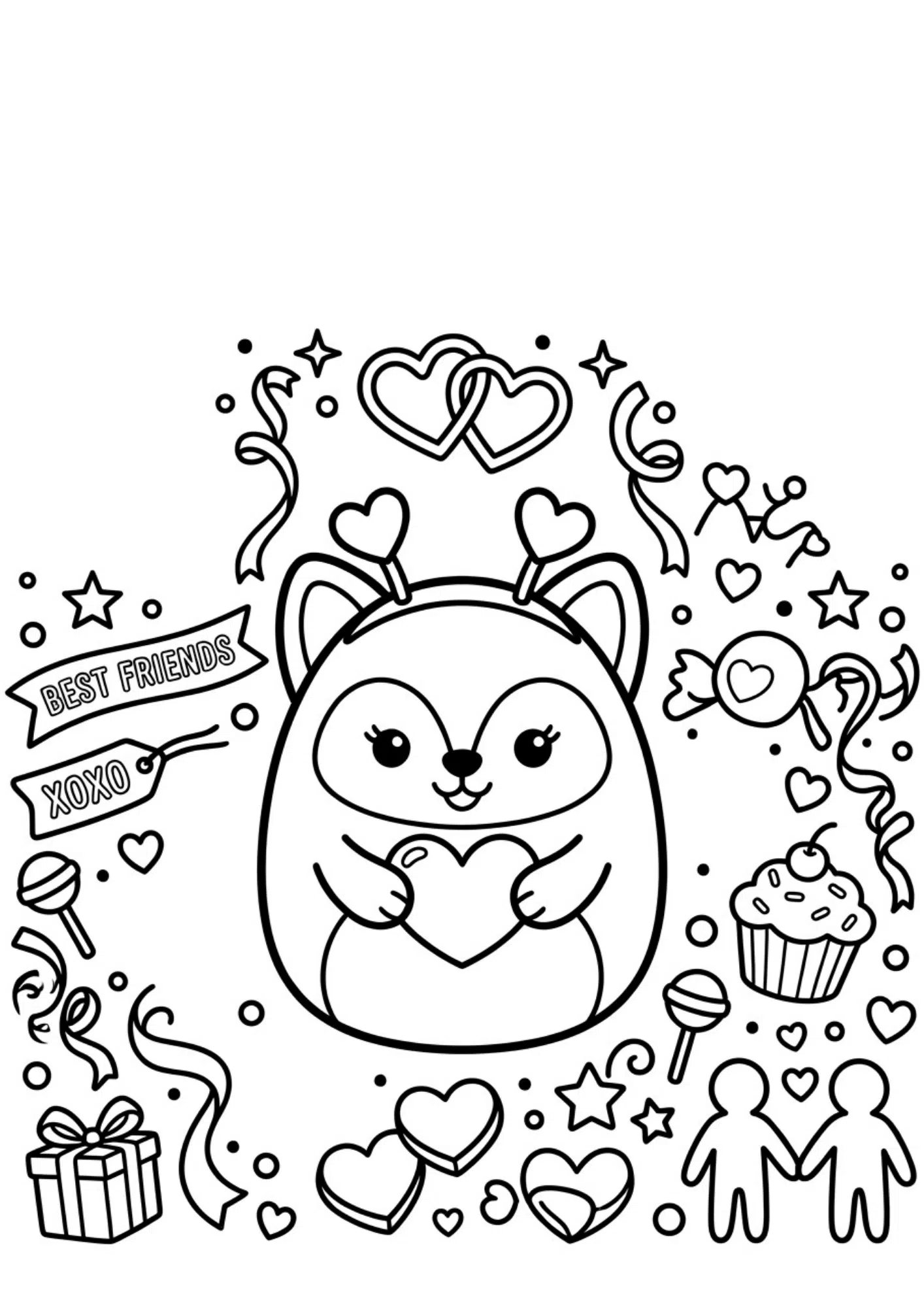 valentine squishmallow coloring sheet with hearts and cute friendship theme for printable black and white kids activity