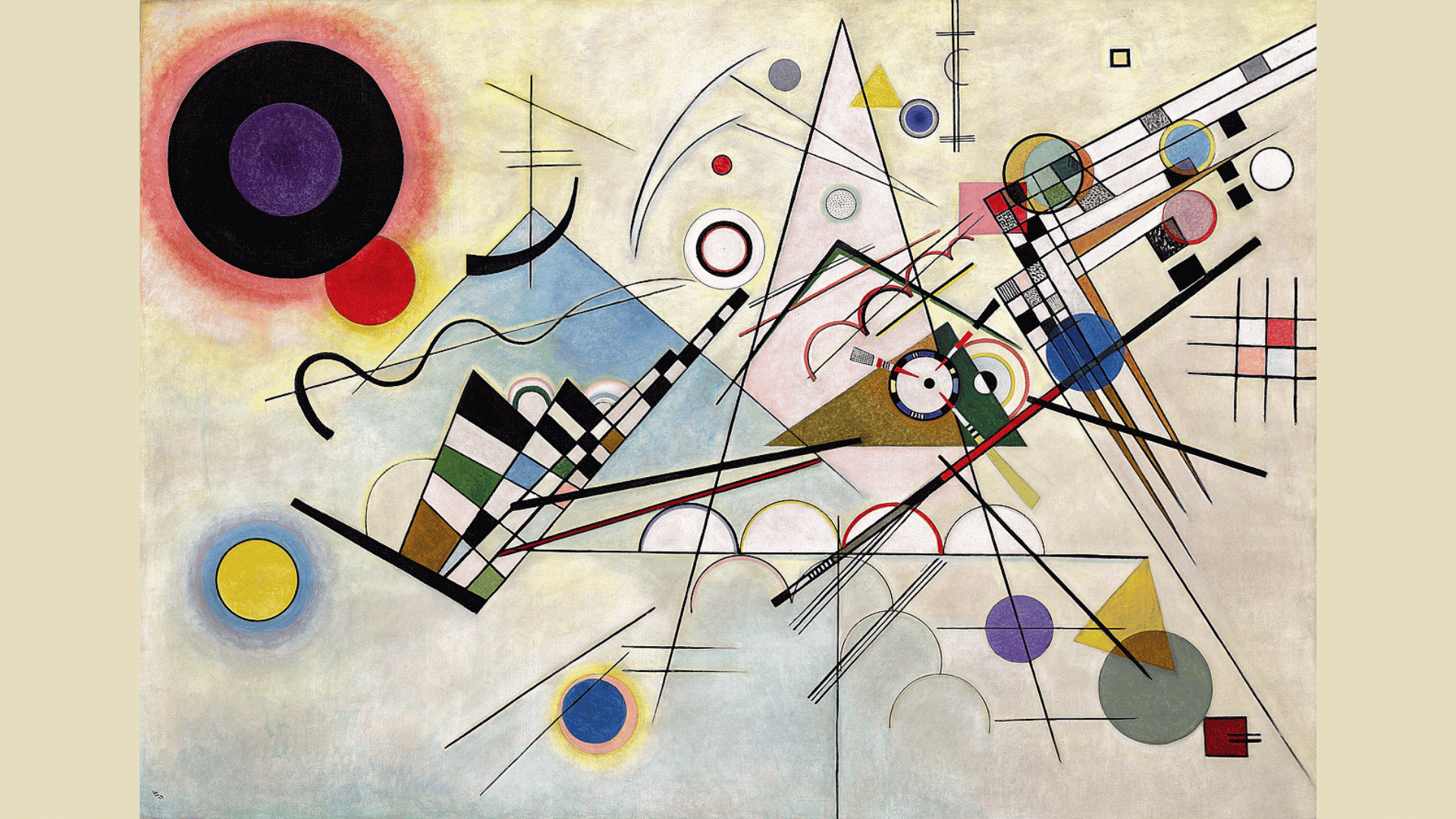 vasily kandinsky's composition 8 showing colorful circles, lines, grids, and arcs across a pale background