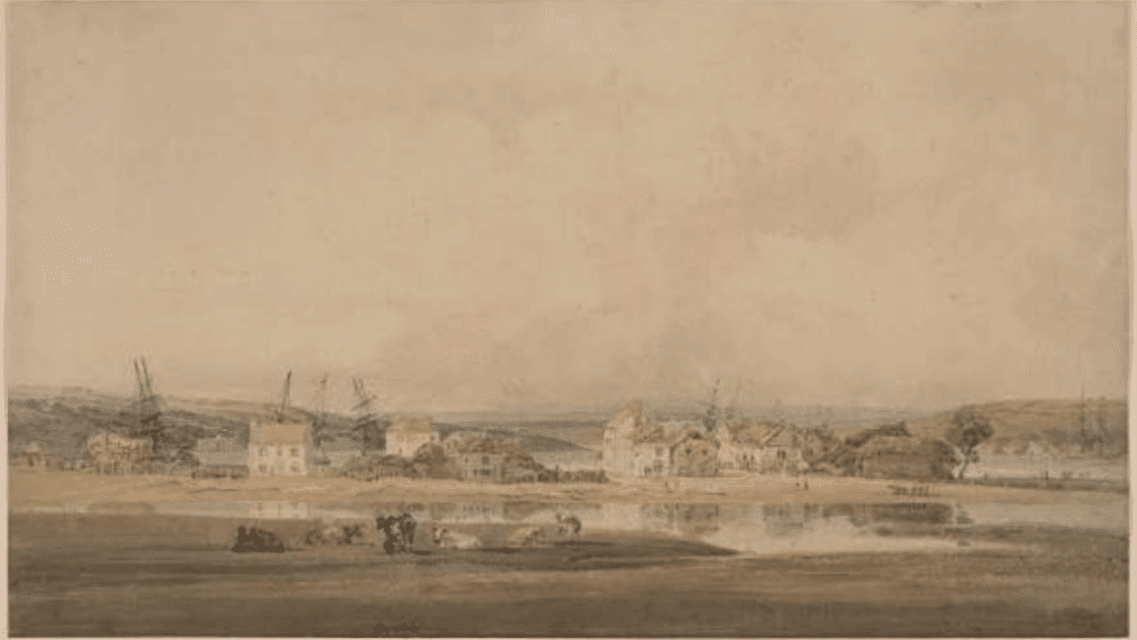 thomas girtin’s village along a river estuary in devon watercolor showing a quiet riverside town and wide sky