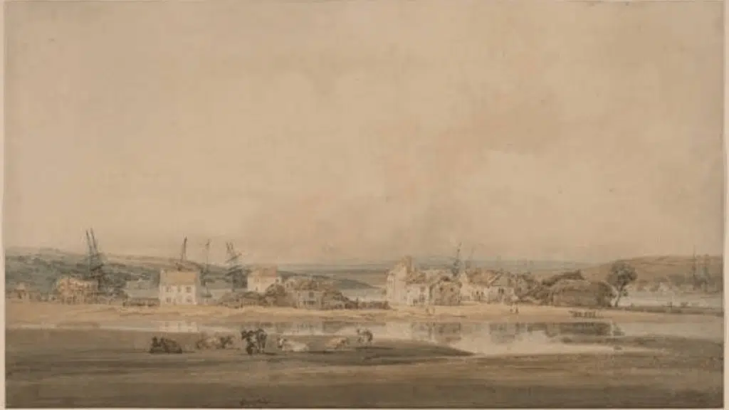 thomas girtin’s village along a river estuary in devon watercolor showing a quiet riverside town and wide sky