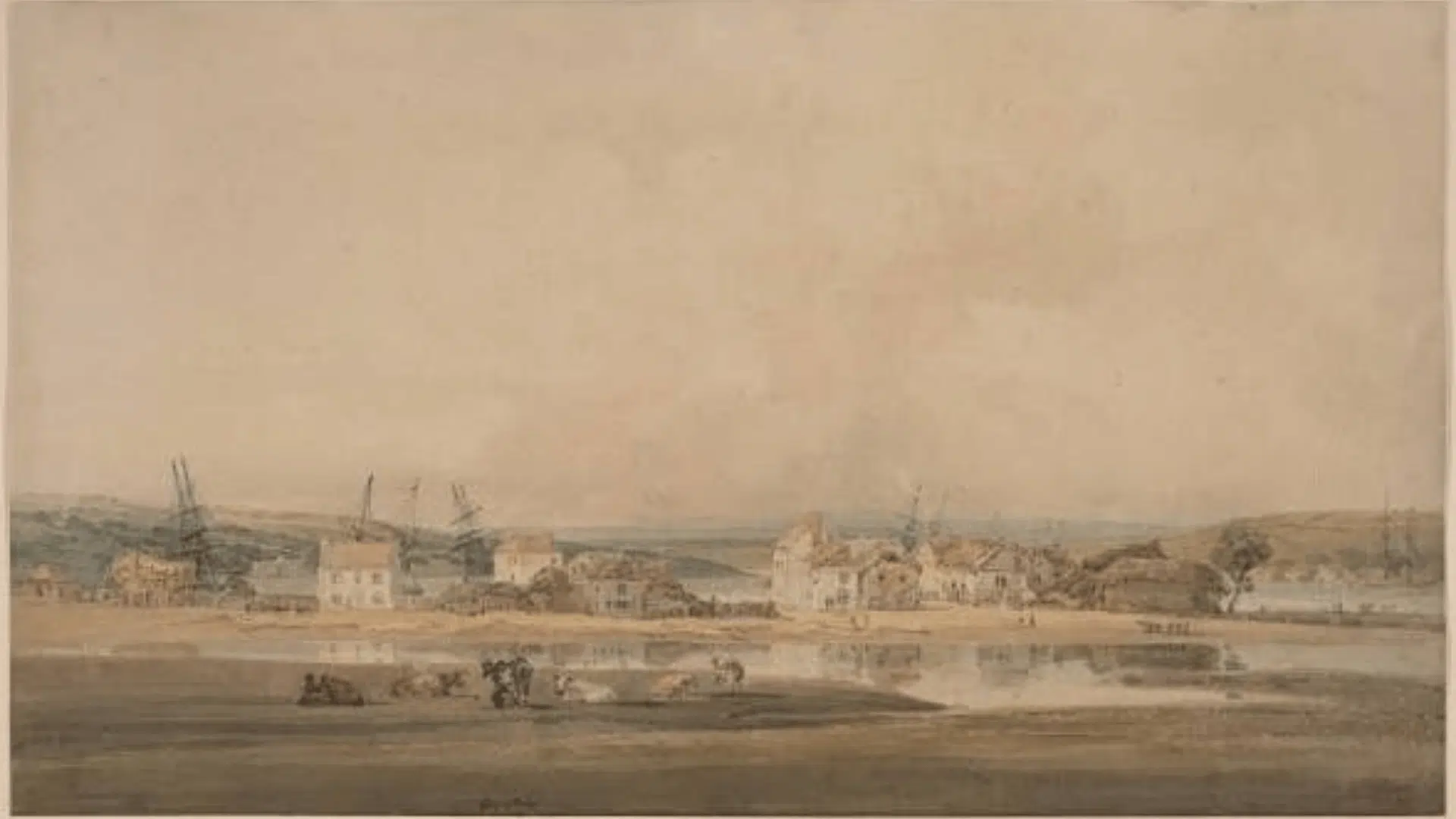 thomas girtin’s village along a river estuary in devon watercolor showing a quiet riverside town and wide sky