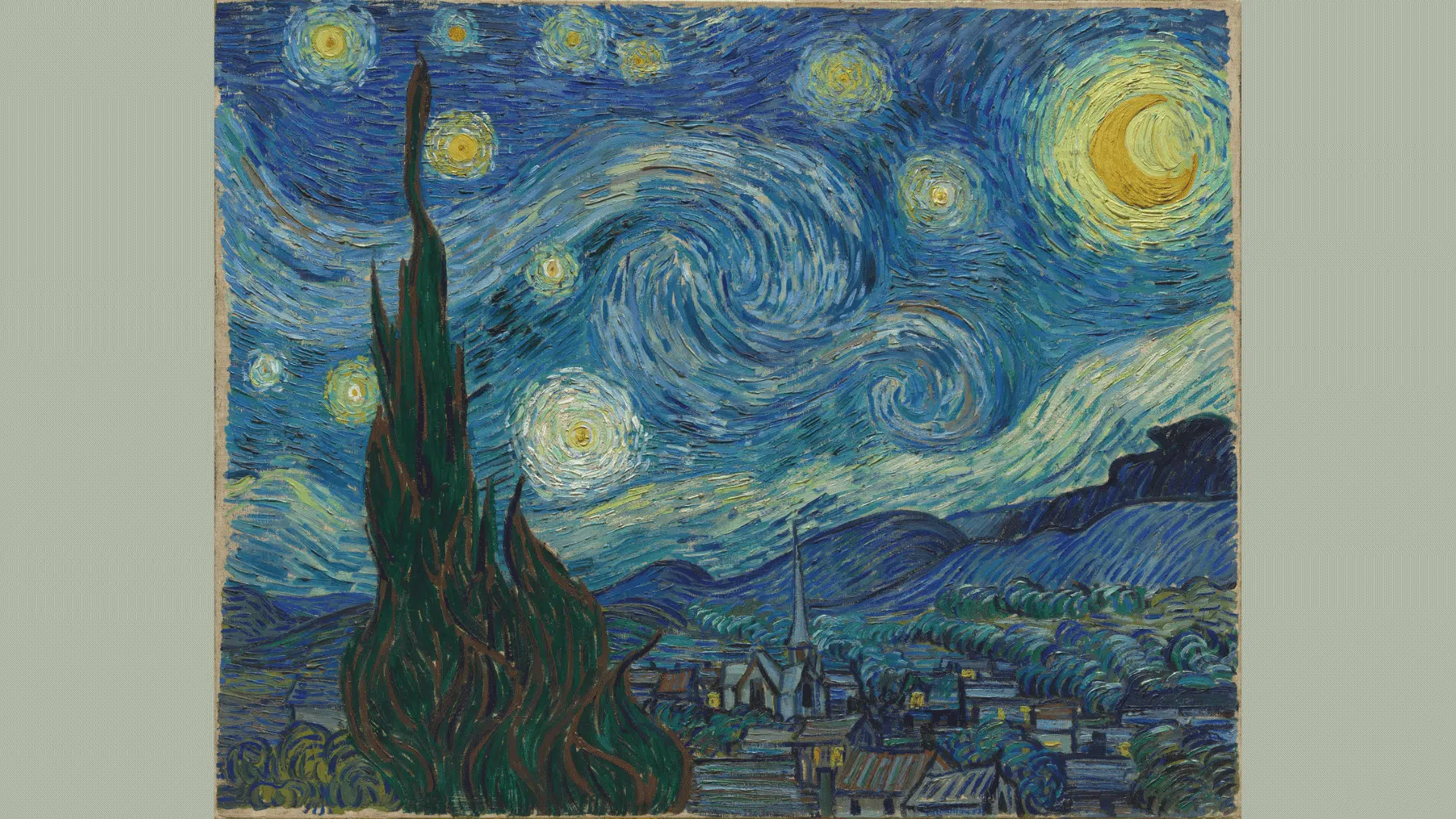 vincent van gogh's The starry night showing a swirling blue sky, glowing stars, and a quiet village below