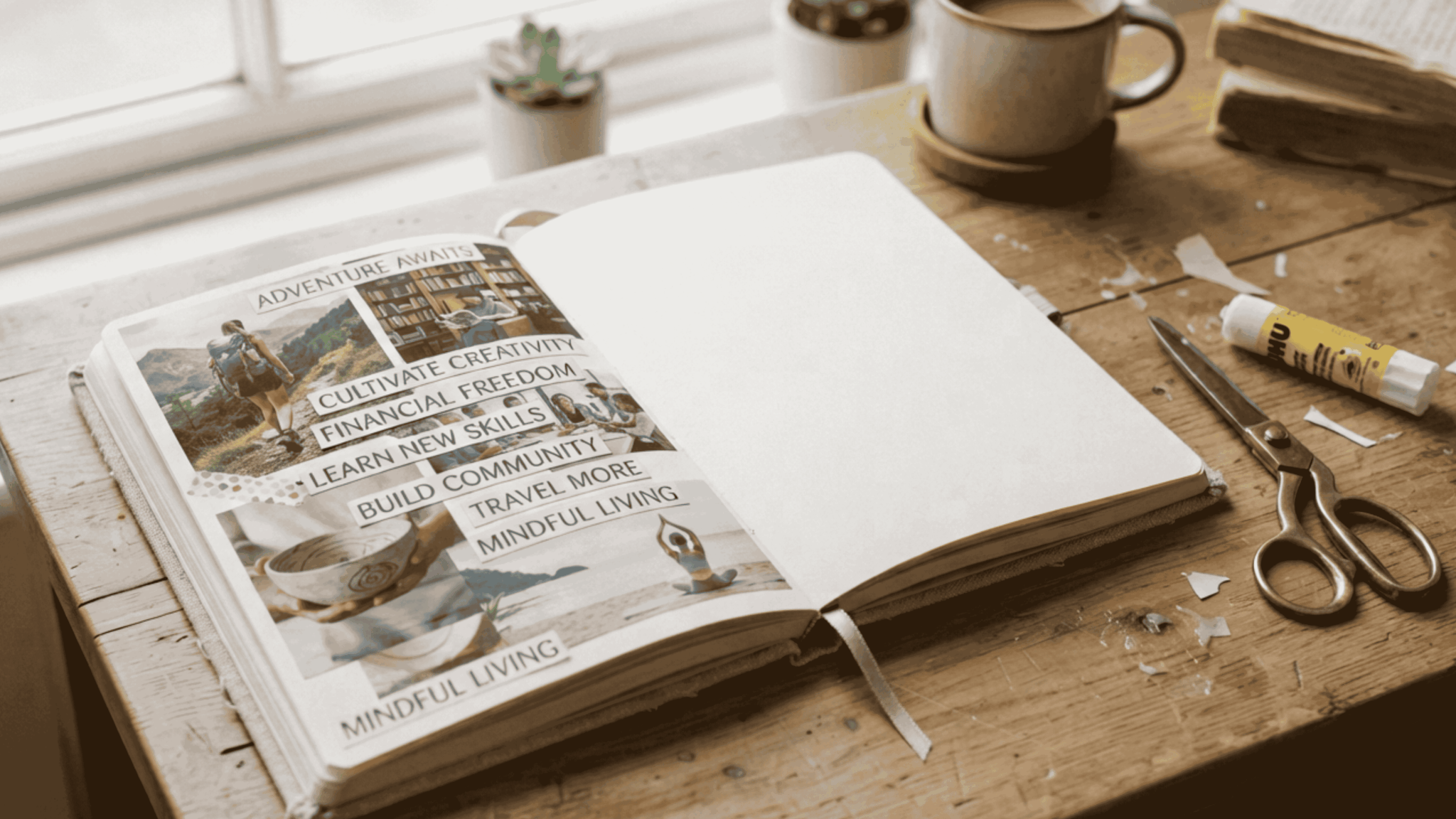 open vision journal with goal images and motivational words on a wooden desk