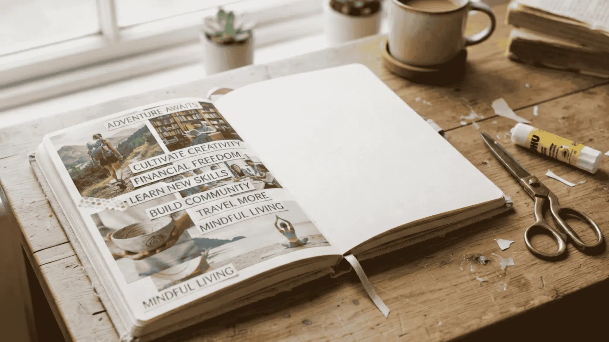open vision journal with goal images and motivational words on a wooden desk