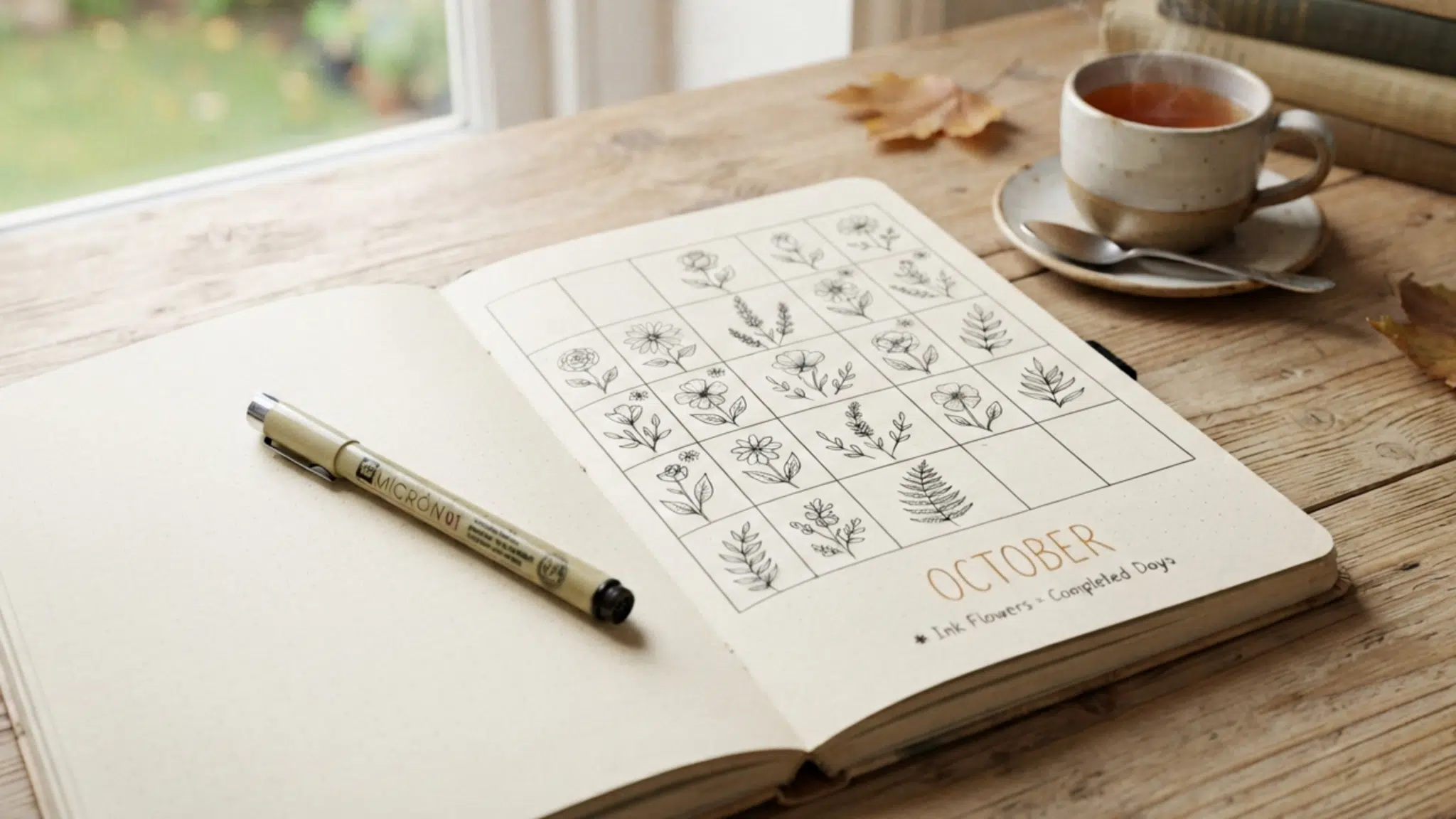visual habit garden with small flower drawings filling a monthly journal grid