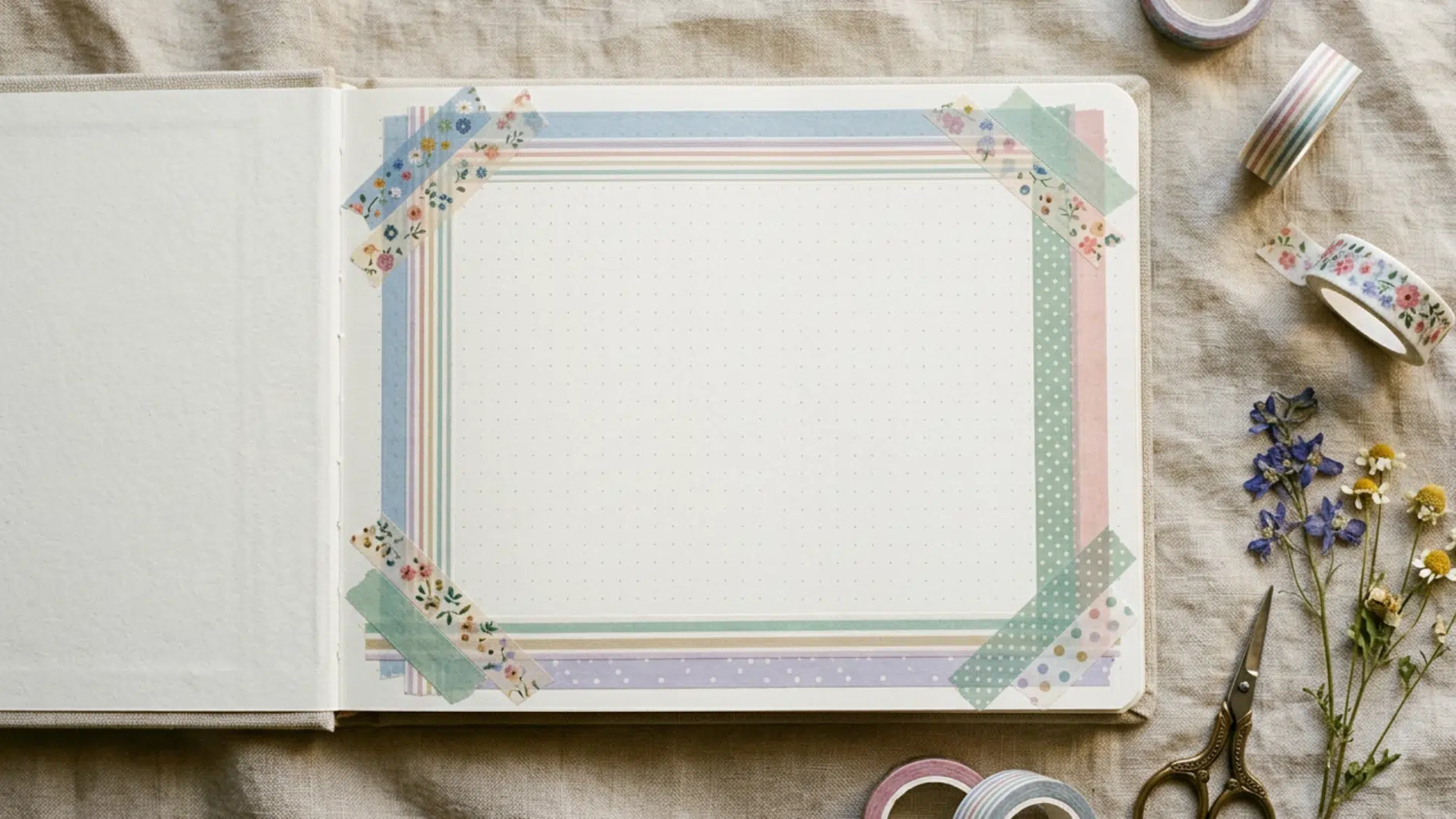 blank journal page framed with colorful washi tape