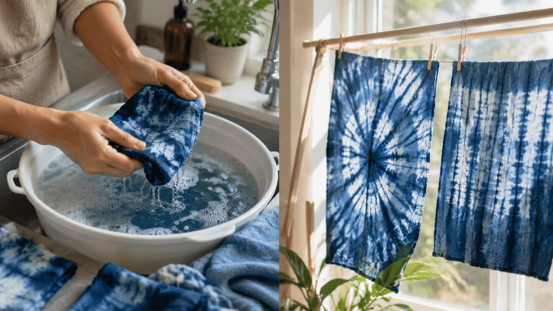 dyed shibori fabrics being washed and air dried near a bright window at home