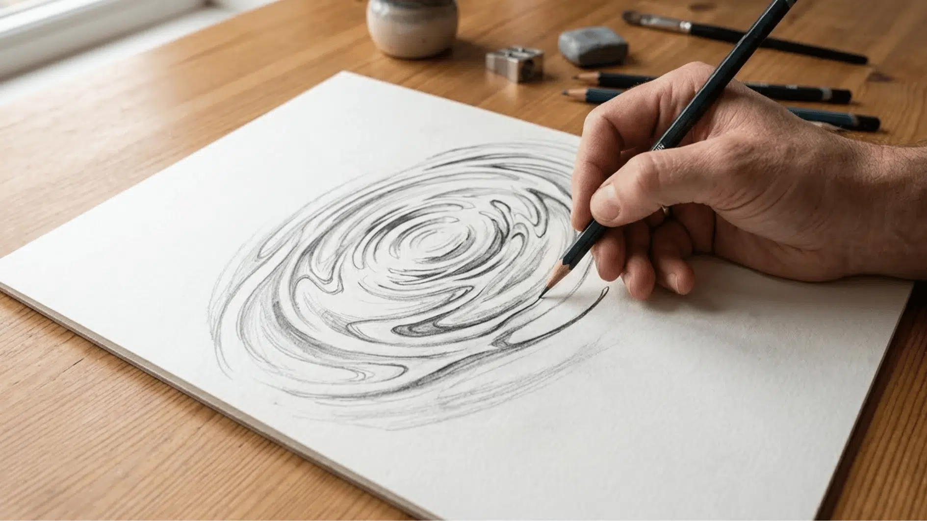 a person drawing water ripples on a drawing sheet with art supplies scattered