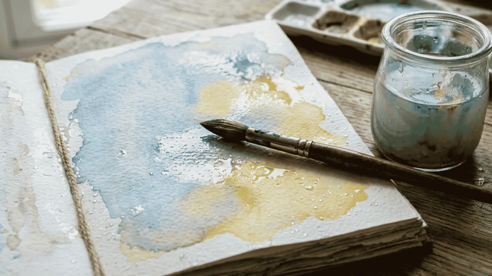 wet blue and yellow watercolor wash across a textured journal page