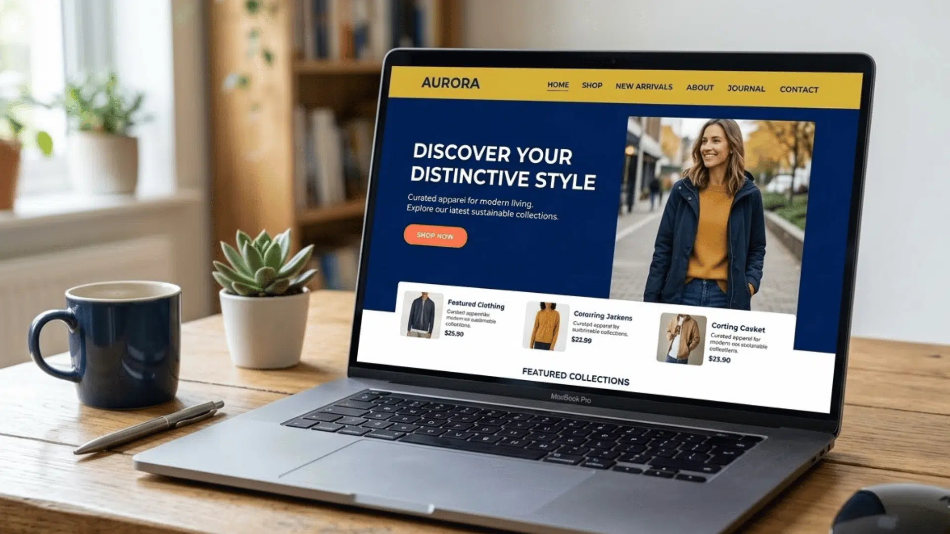 website homepage mockup using a triadic color scheme with navy background, mustard navigation bar, and coral button