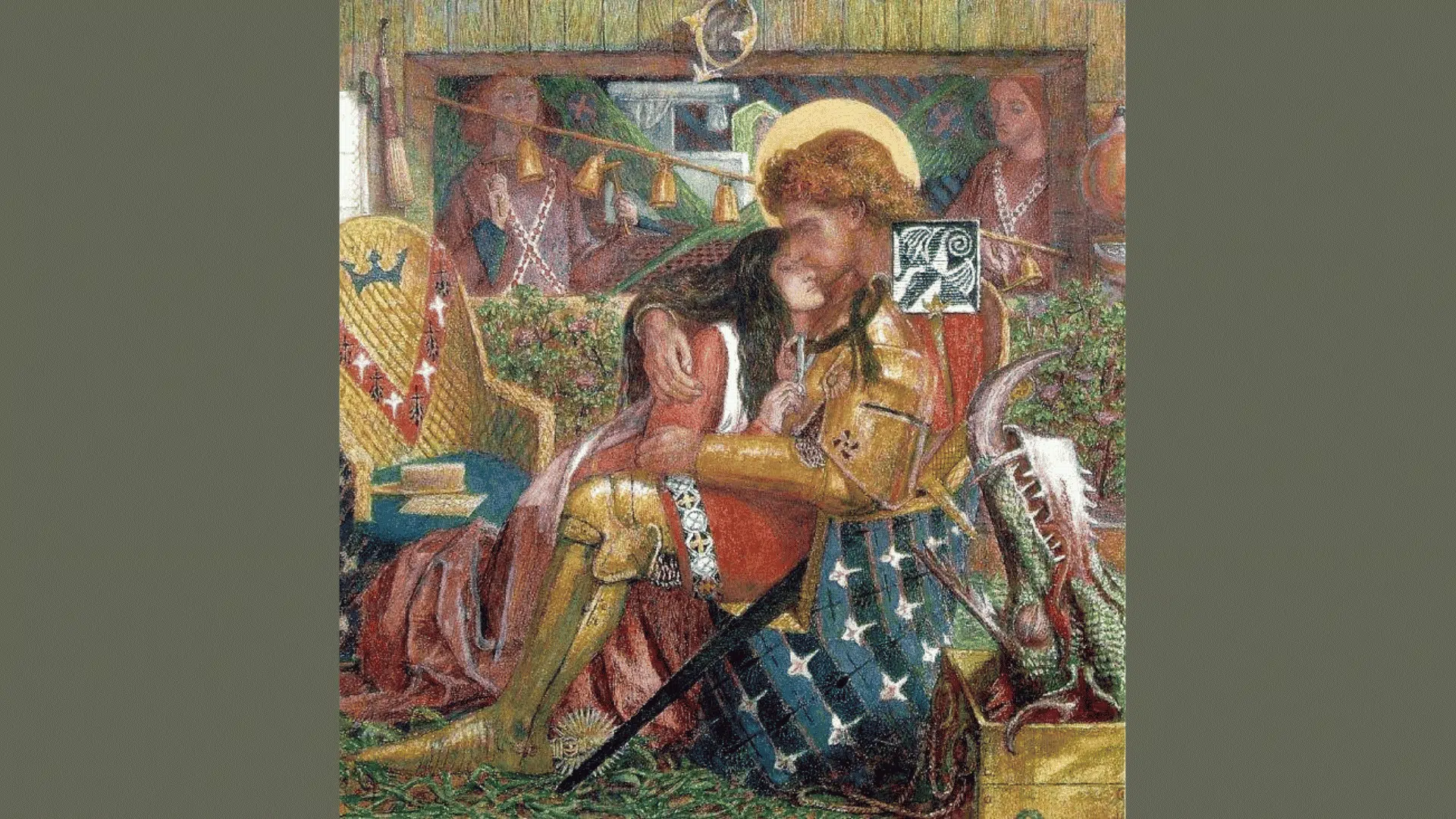 rossetti's wedding of st george and princess sabra showing the couple in a richly colored medieval scene